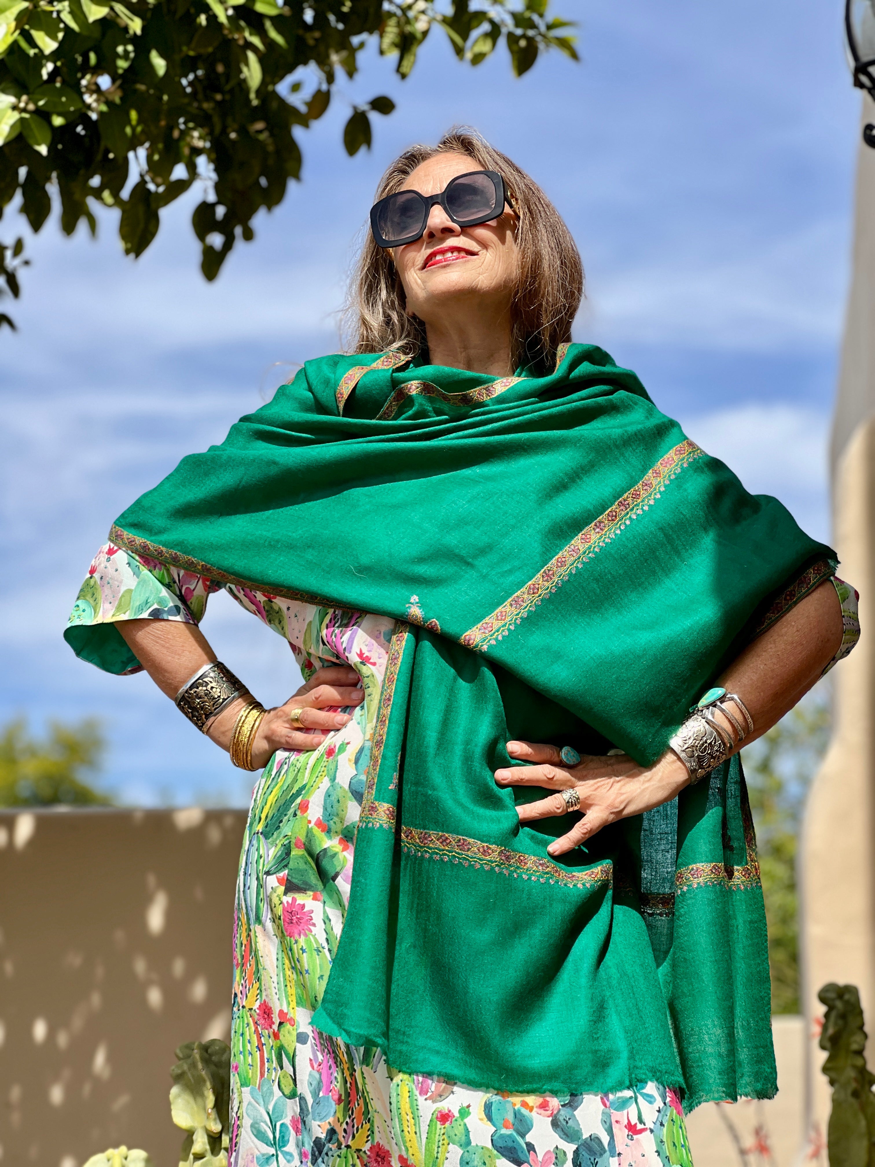 Sea Green Hand Embroidered Pashmina Shawl One of a Kind