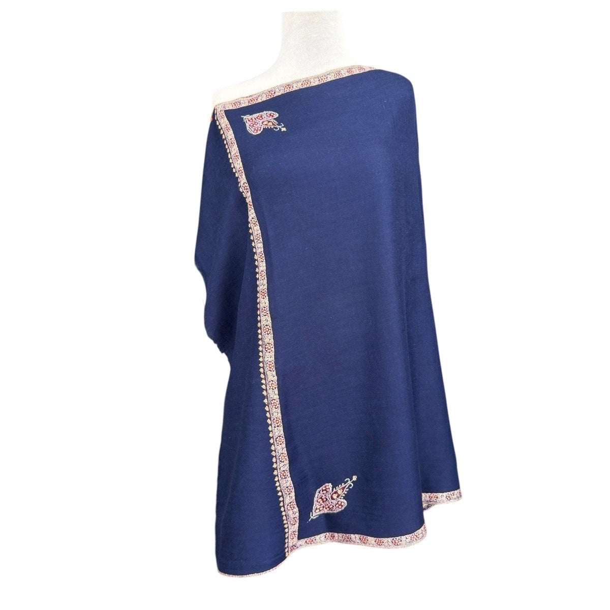 Navy Blue Hand Embroidered Pashmina Shawl One of a Kind