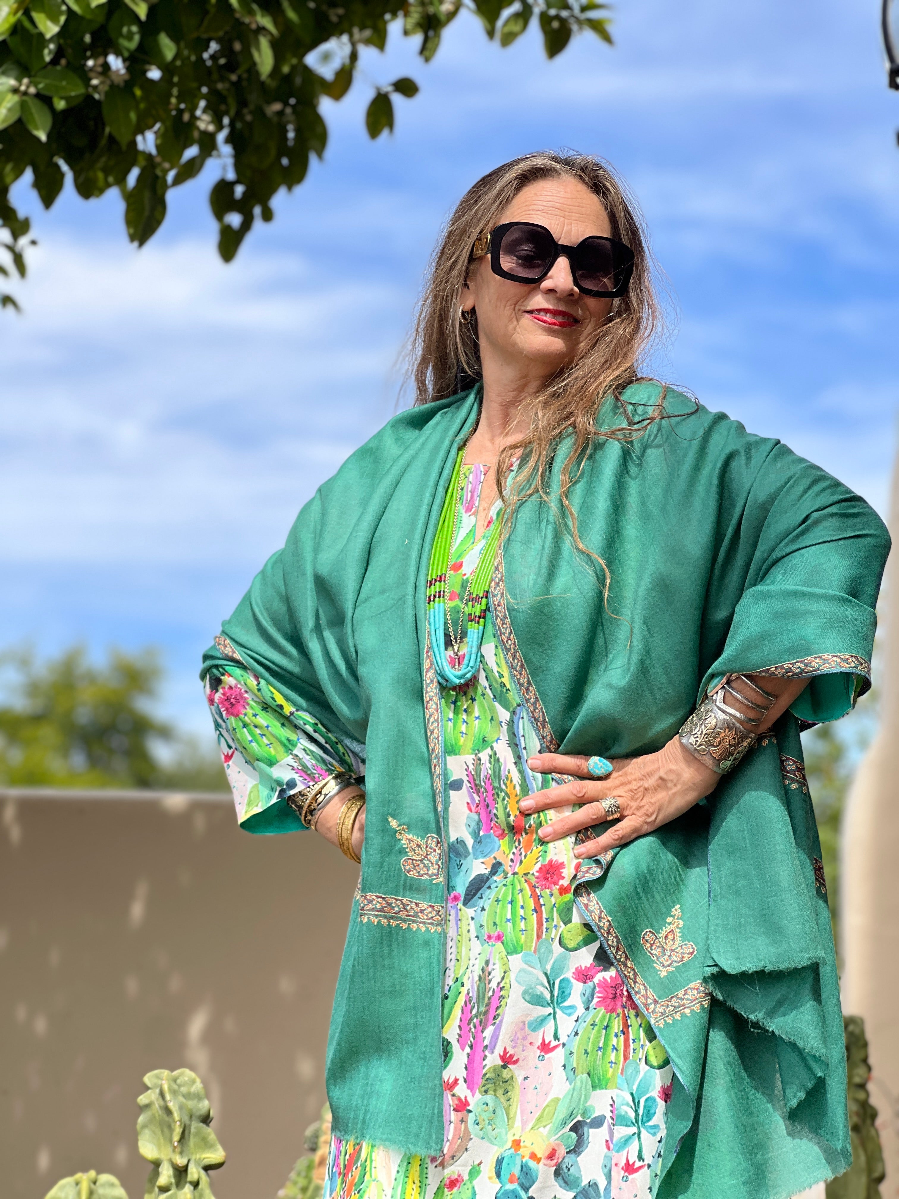 Capri Green Hand Embroidered Pashmina Shawl One of a Kind