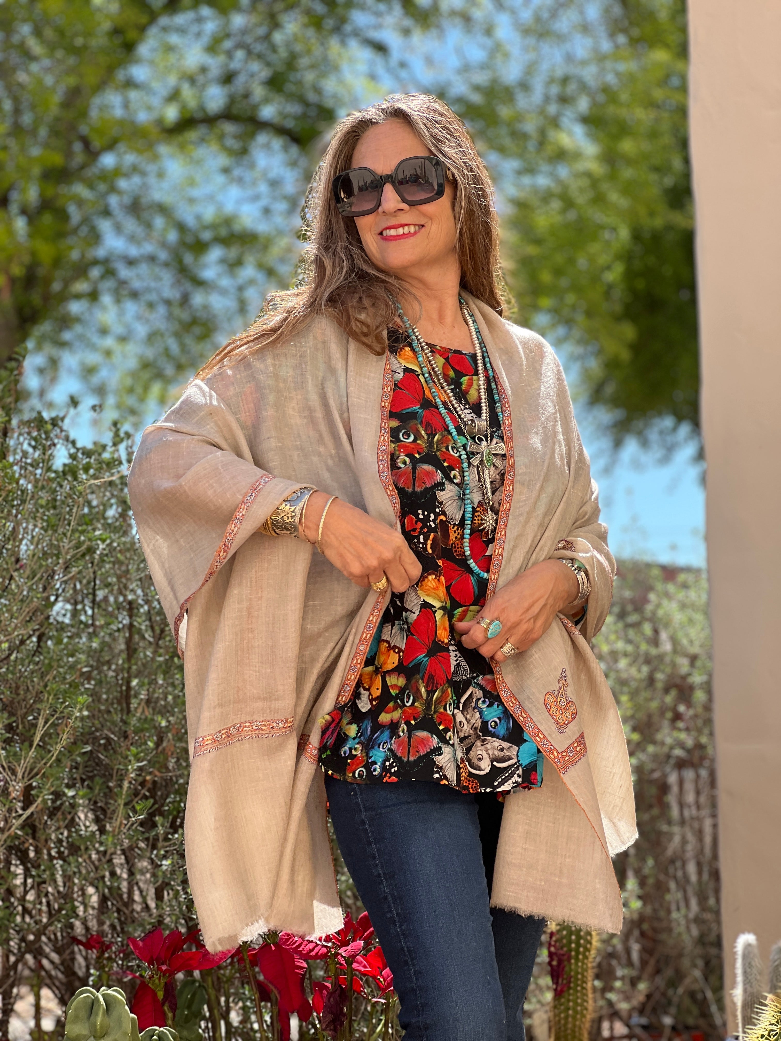 Natural Hand Embroidered Pashmina Shawl One of a Kind