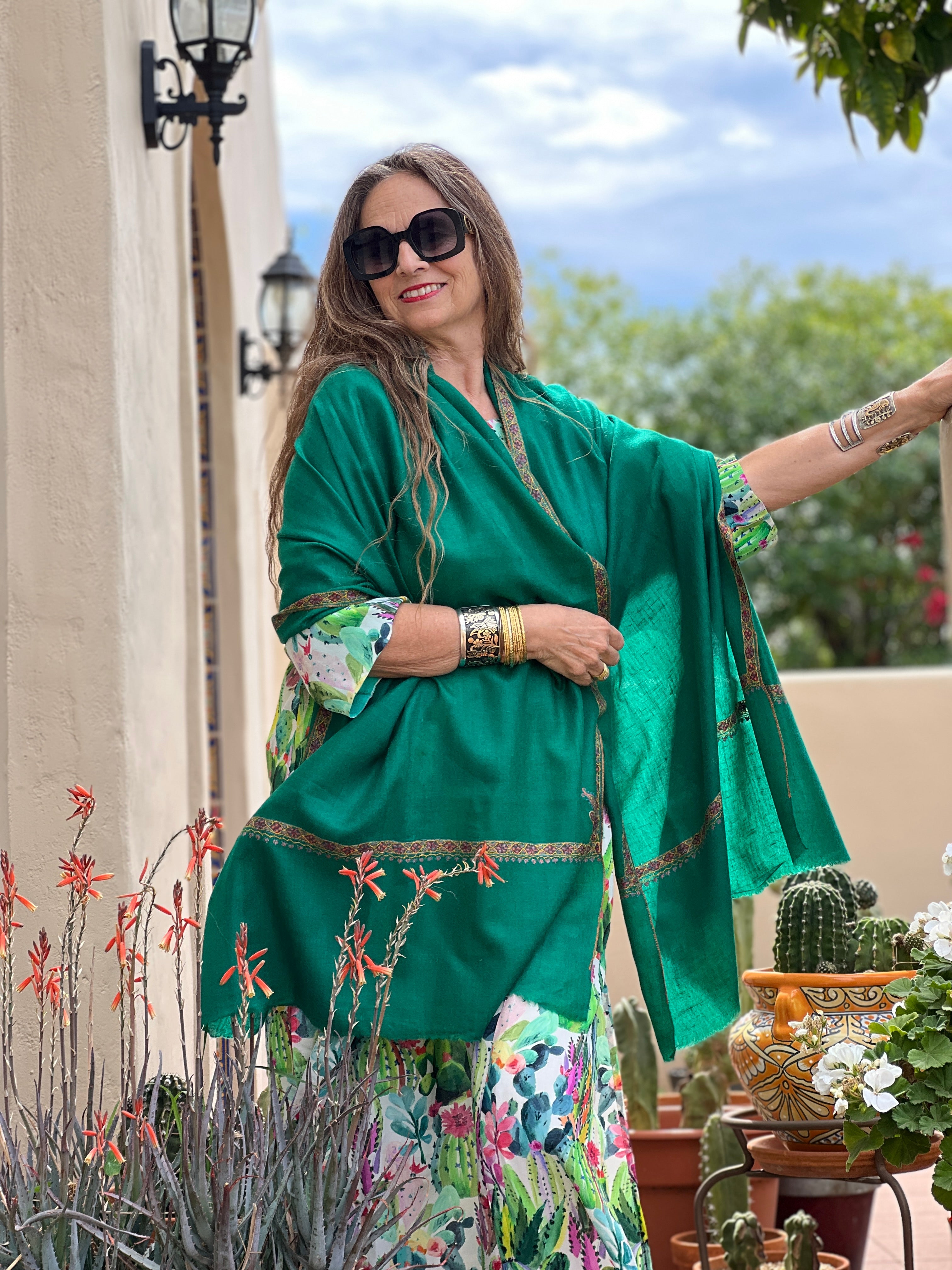 Sea Green Hand Embroidered Pashmina Shawl One of a Kind