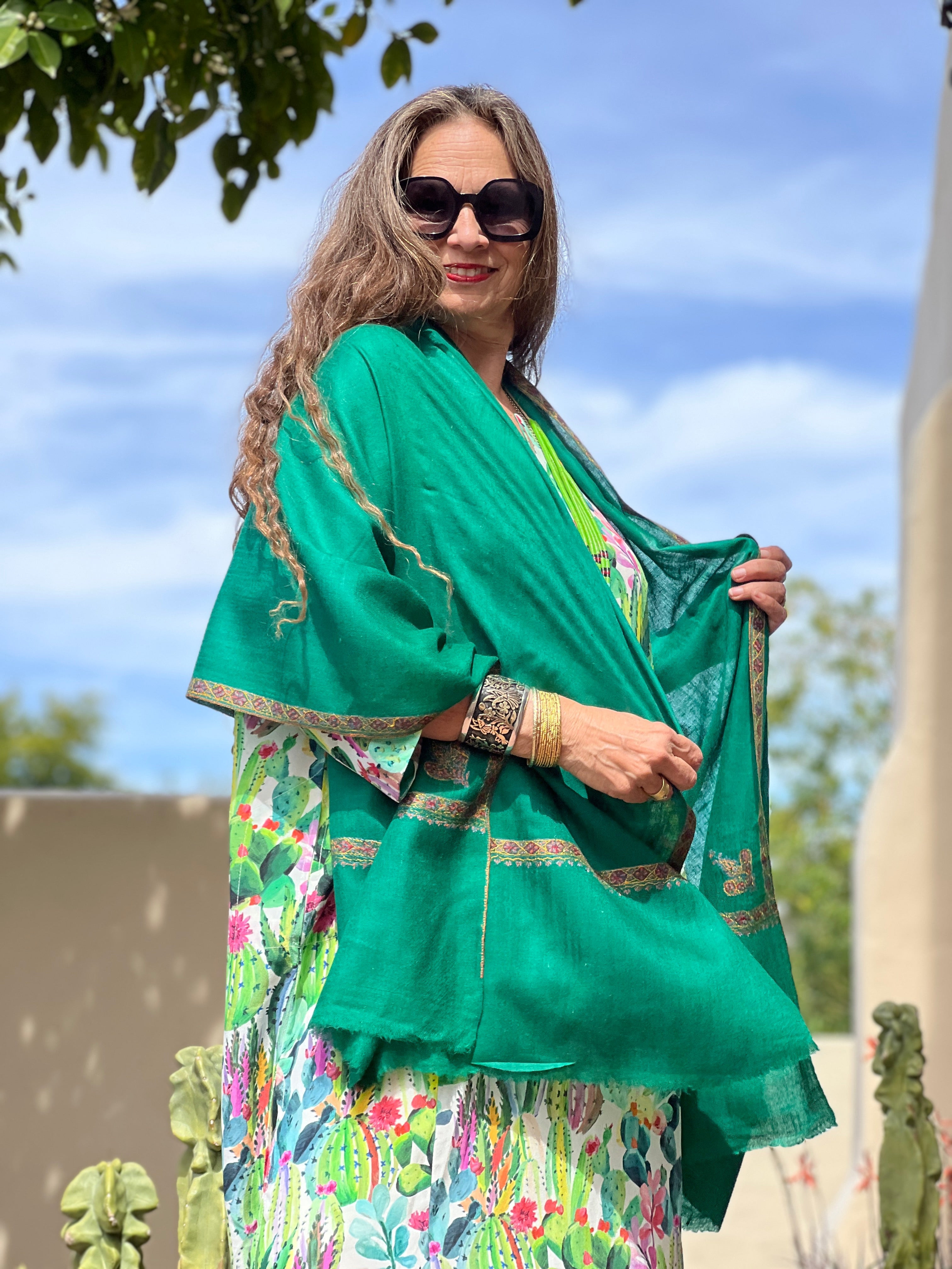 Sea Green Hand Embroidered Pashmina Shawl One of a Kind