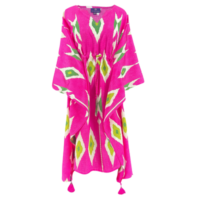 Tashkent Fuchsia Ikat Italian Silk Midi Kaftan