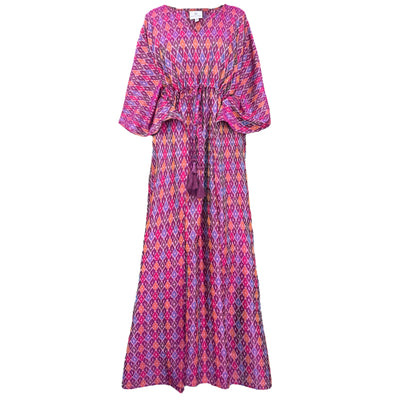 Pari Pink Silk Cotton Ikat Maxi Kaftan Dress One of a Kind