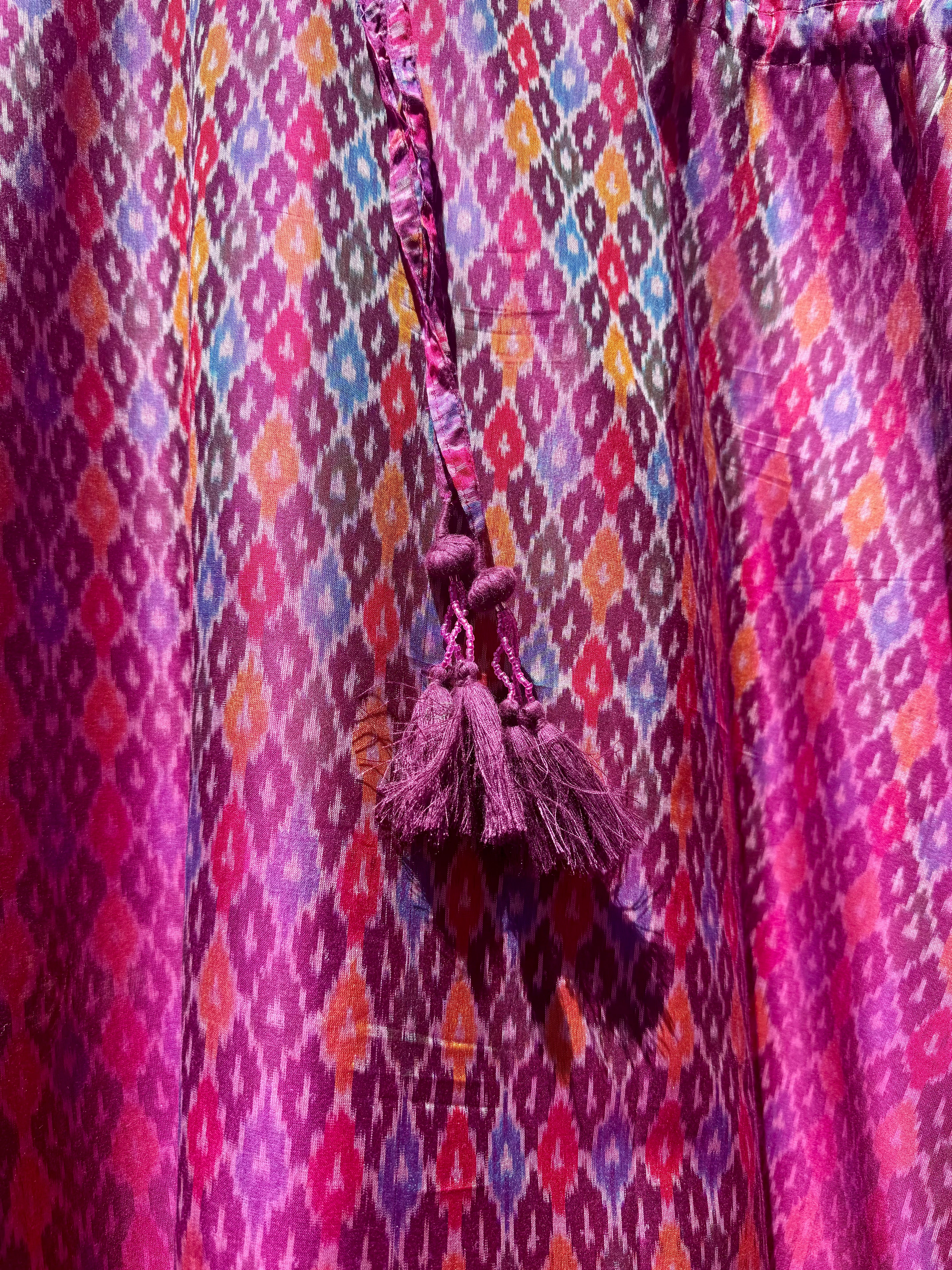Pari Pink Silk Cotton Ikat Maxi Kaftan Dress One of a Kind