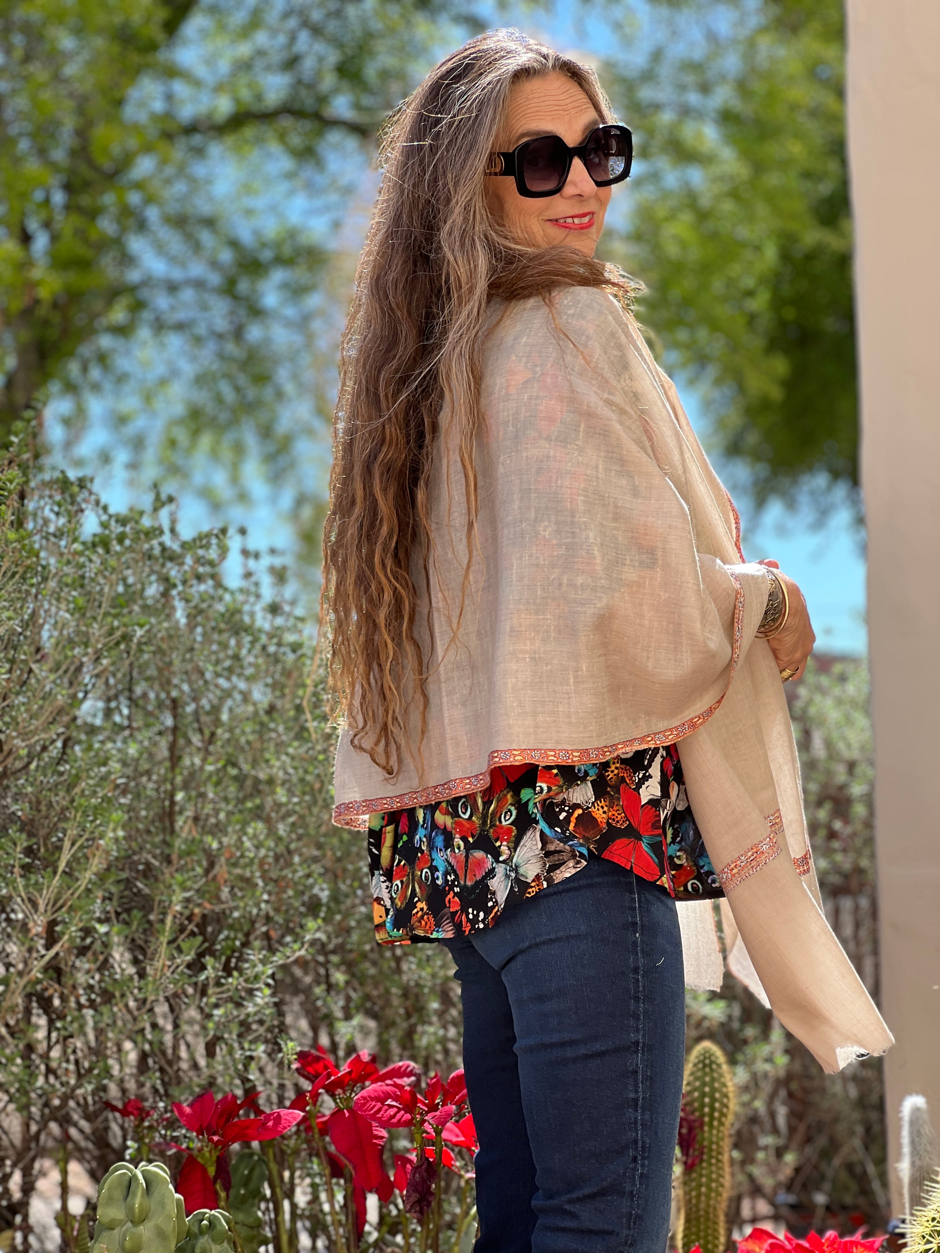 Natural Hand Embroidered Pashmina Shawl One of a Kind