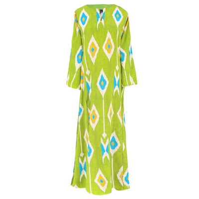 Tashkent Lime Green Ikat Italian Silk Long Tunic Dress