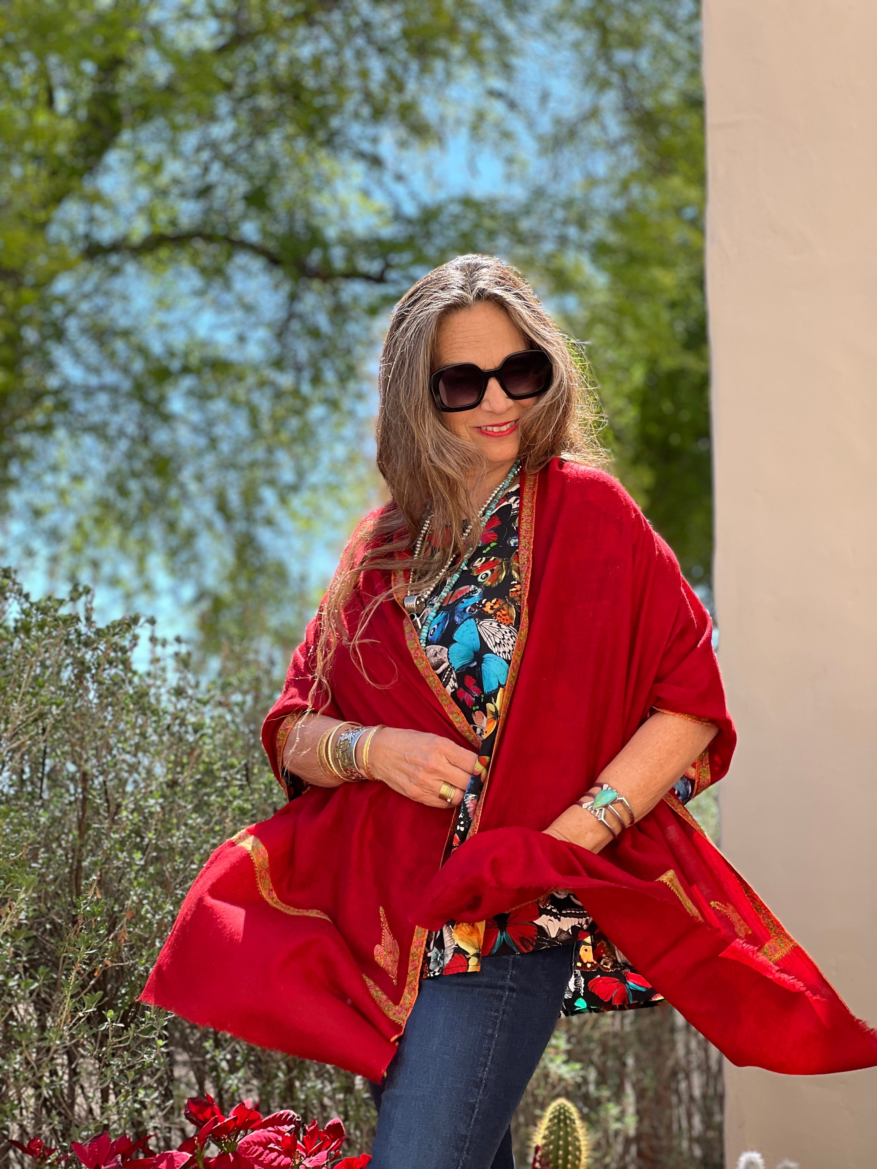 Tomato Red Hand Embroidered Pashmina Shawl One of a Kind