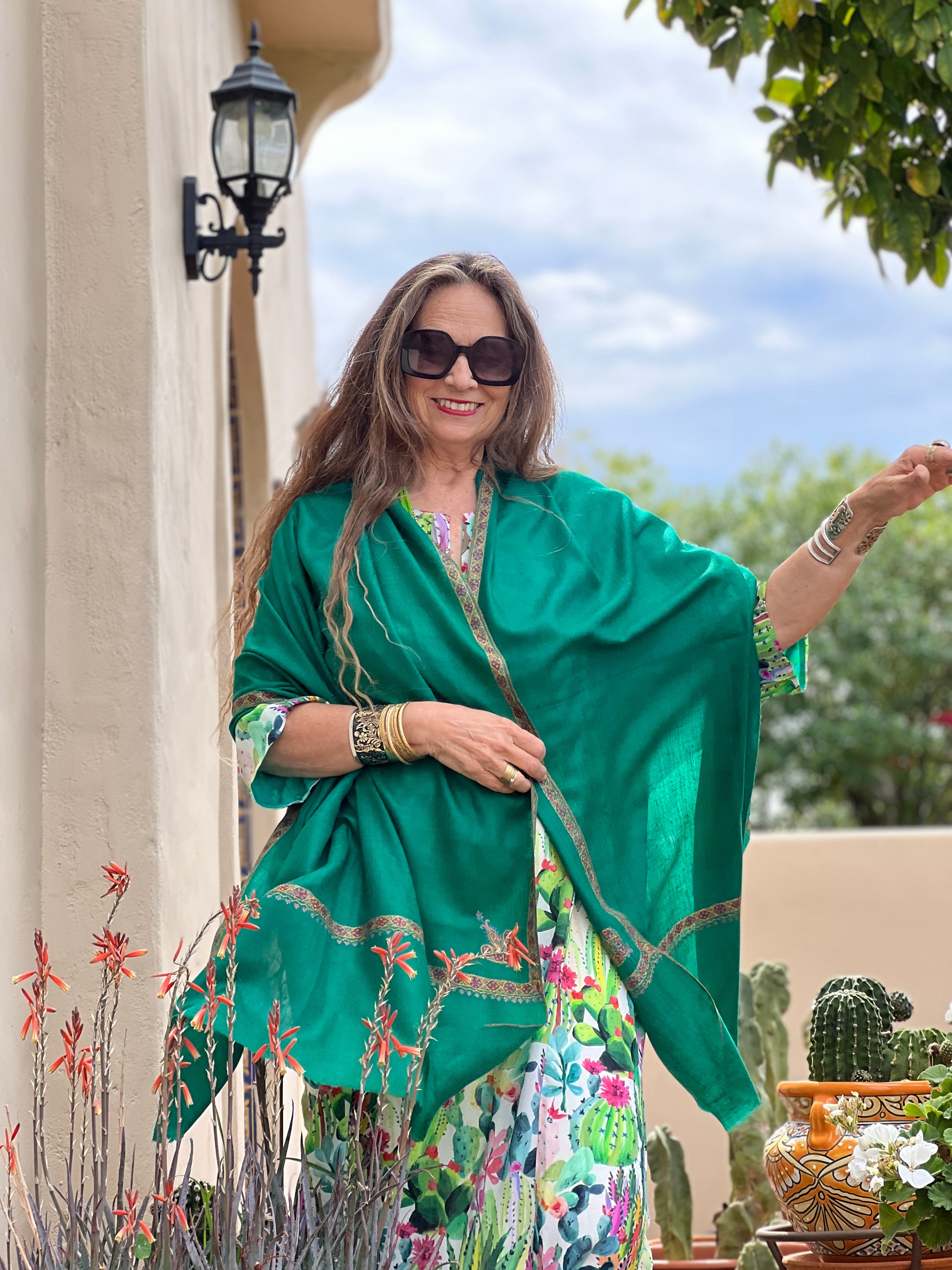 Sea Green Hand Embroidered Pashmina Shawl One of a Kind