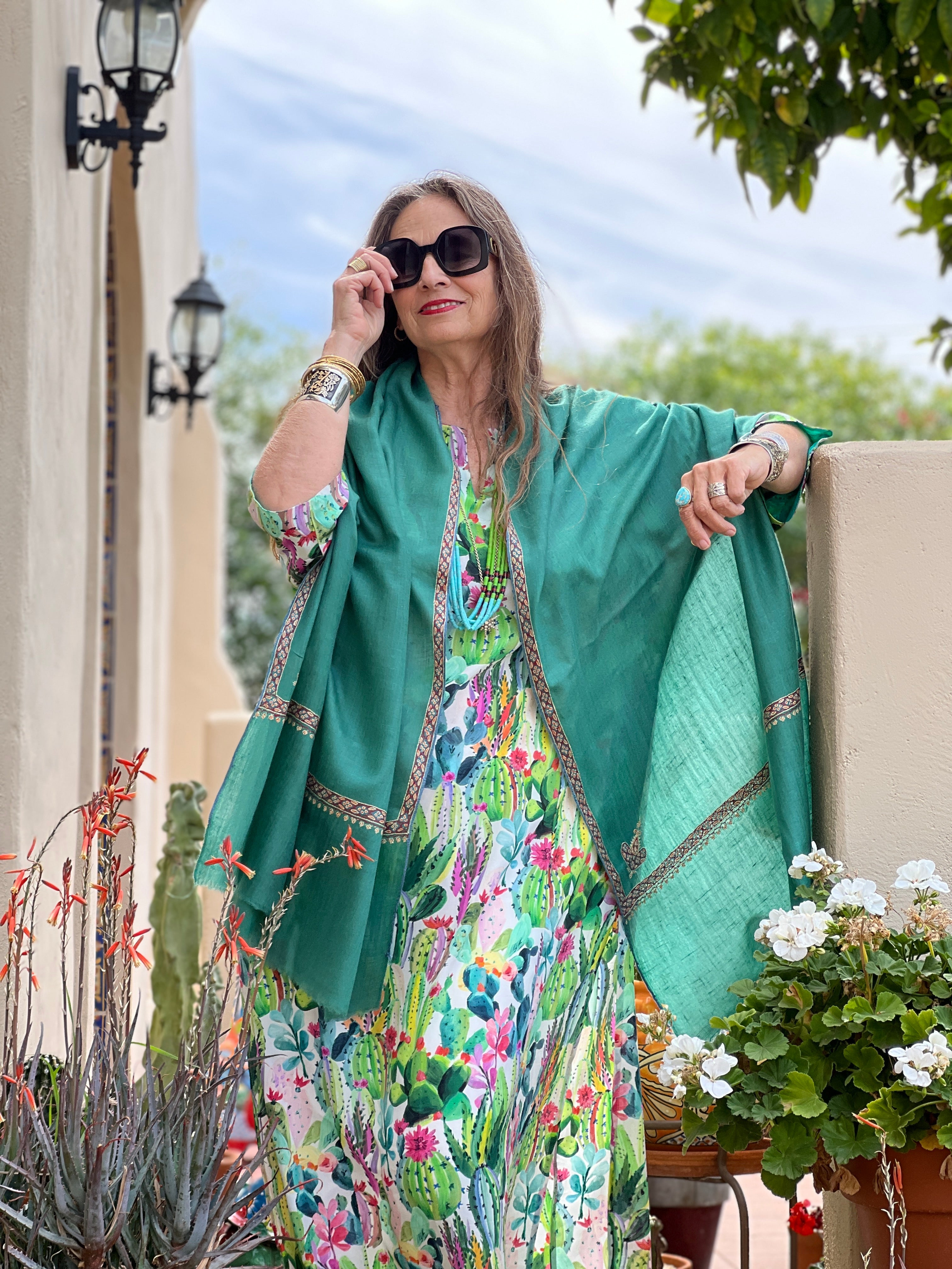 Capri Green Hand Embroidered Pashmina Shawl One of a Kind