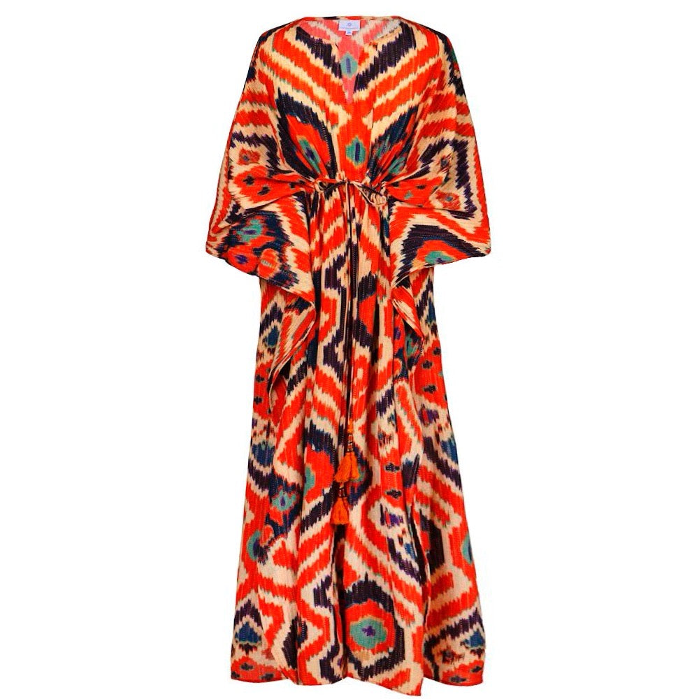 chinese dress ladies Angelo Tangelo Ikat Italian Silk Maxi Kaftan Dress
