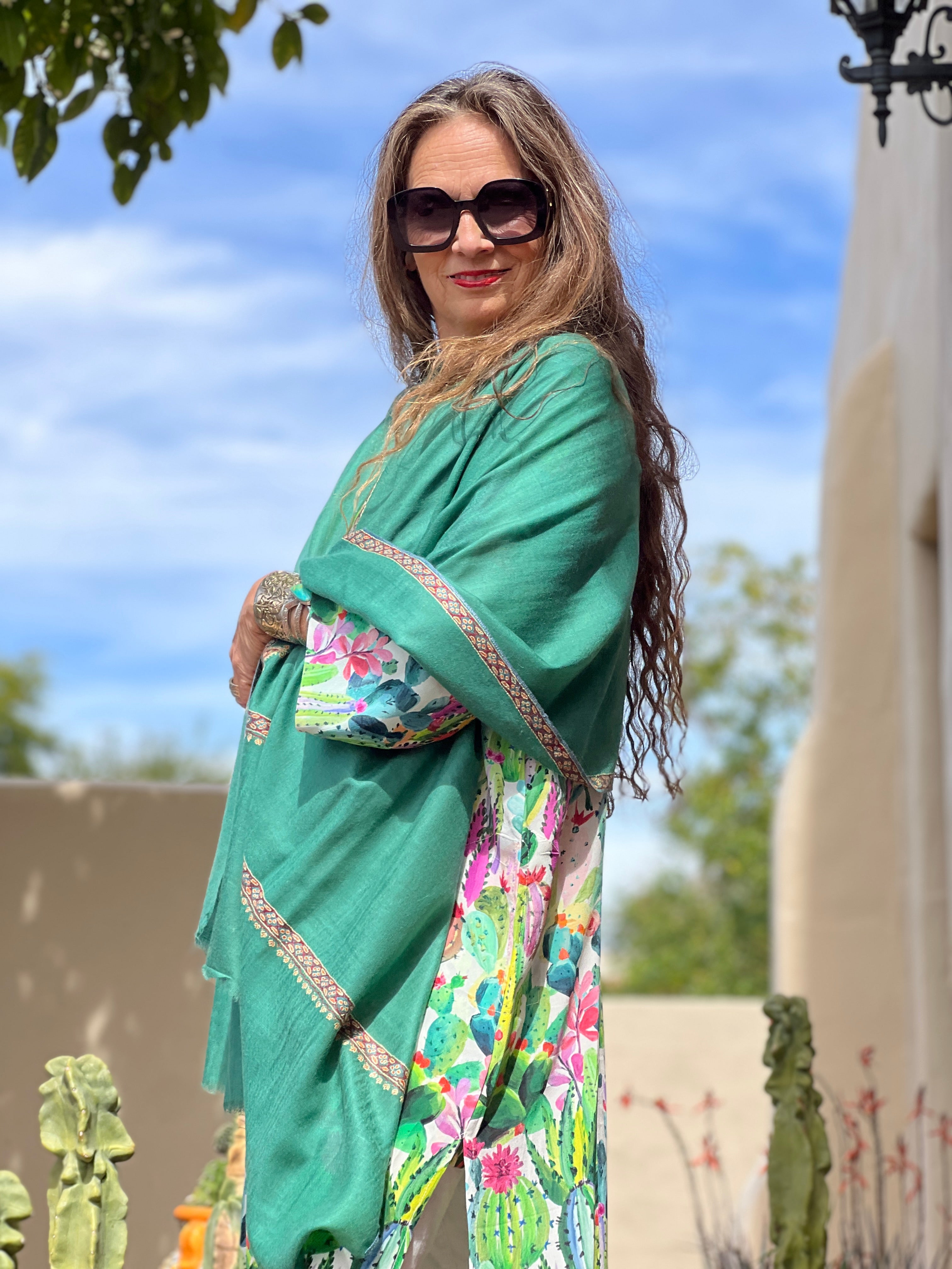 Capri Green Hand Embroidered Pashmina Shawl One of a Kind