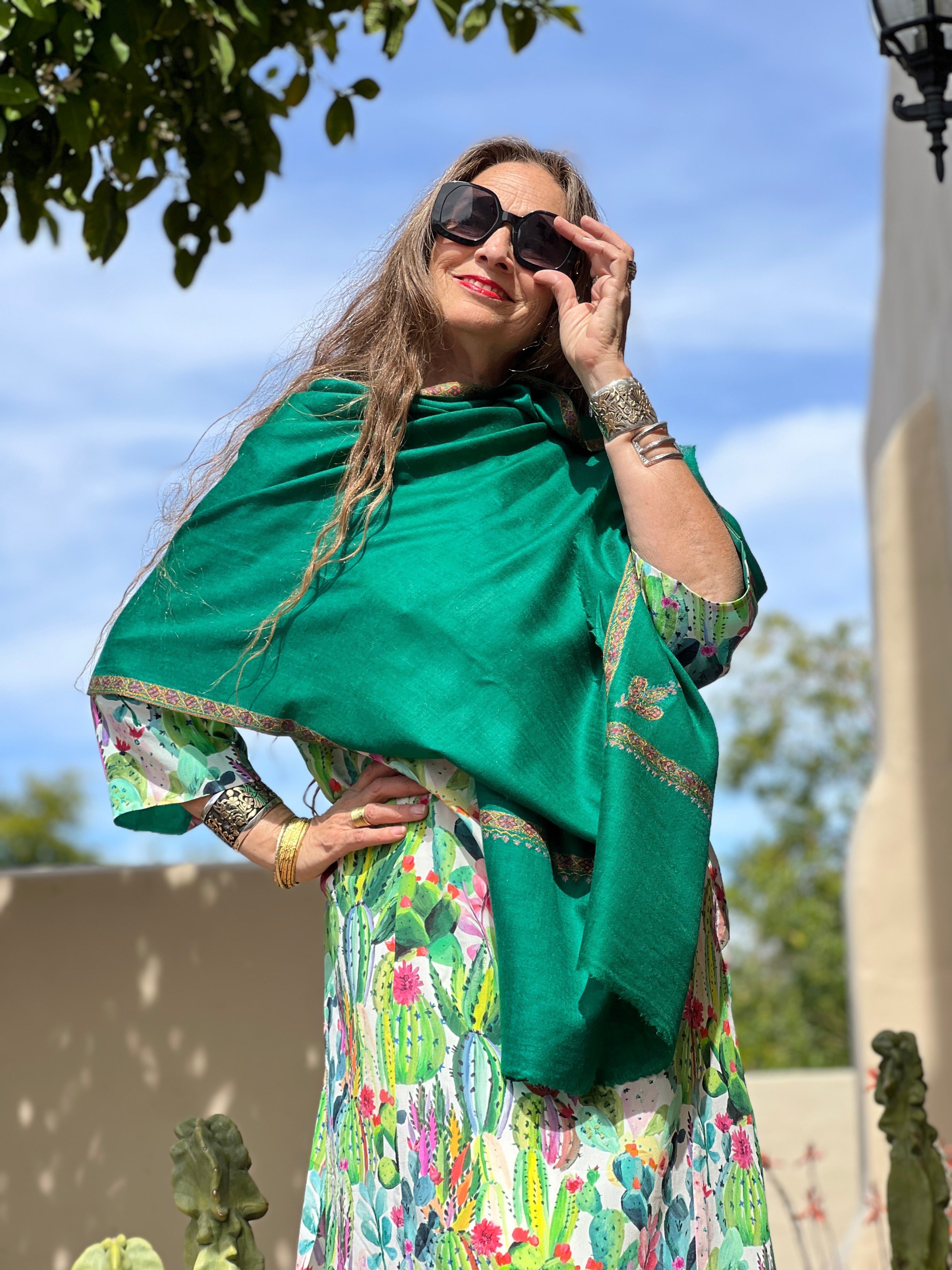 Sea Green Hand Embroidered Pashmina Shawl One of a Kind