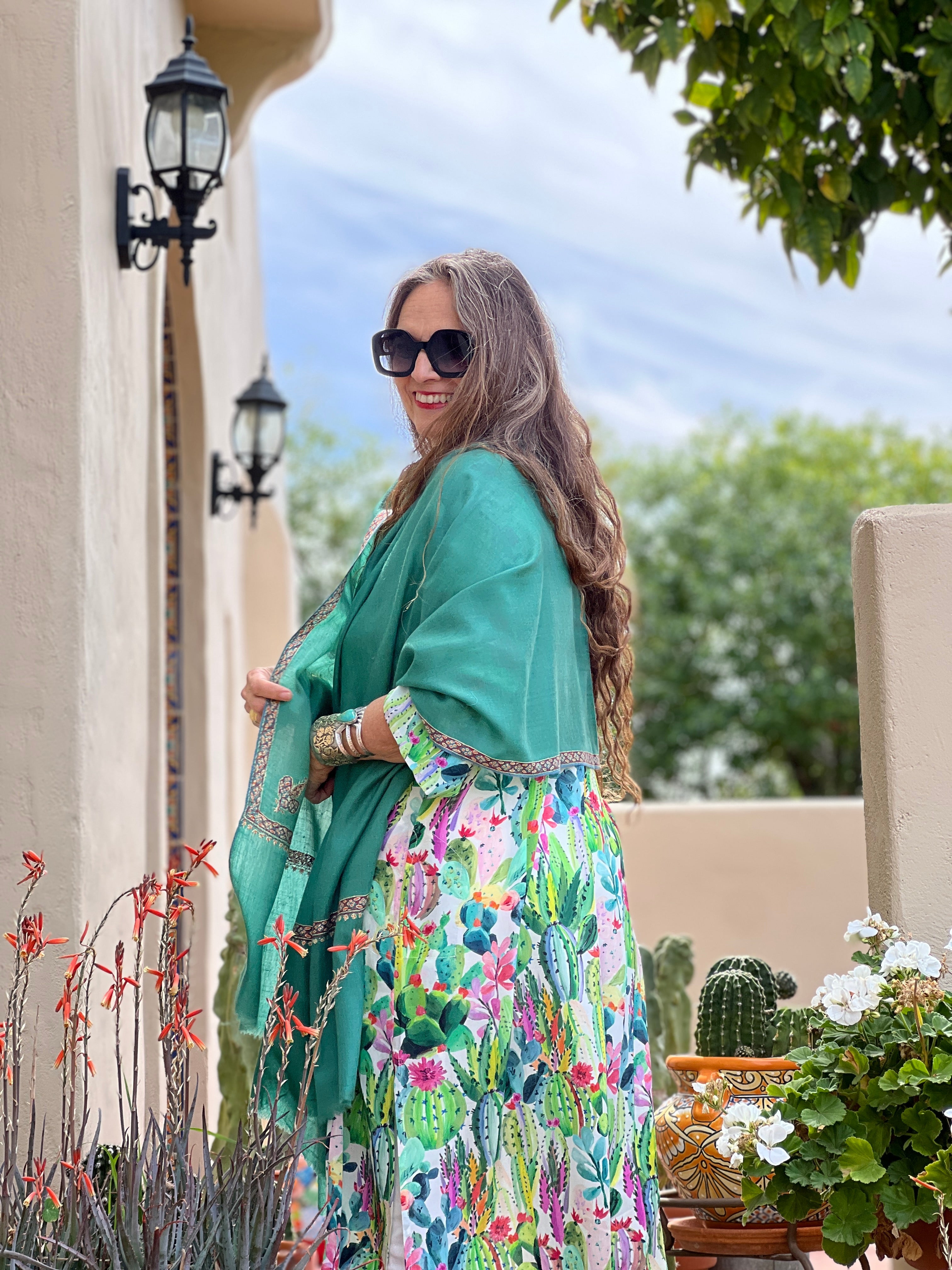 Capri Green Hand Embroidered Pashmina Shawl One of a Kind