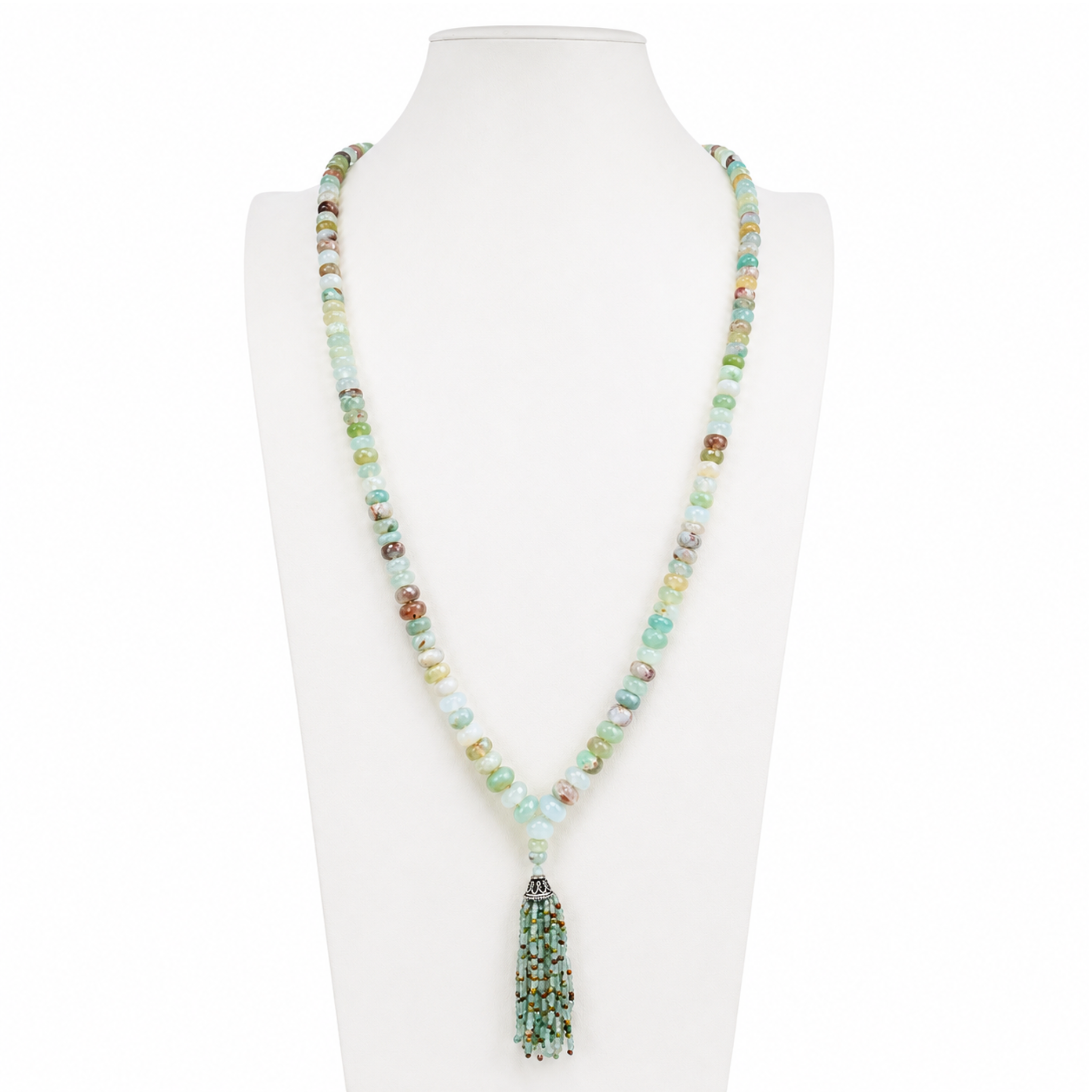 Aqua Chalcedony Faceted Tassel Mala Necklace