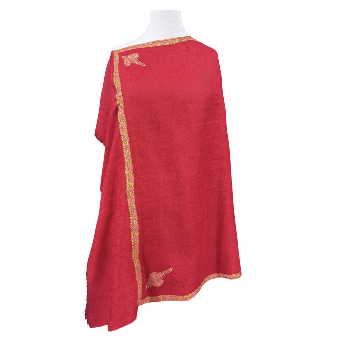 Tomato Red Hand Embroidered Pashmina Shawl One of a Kind