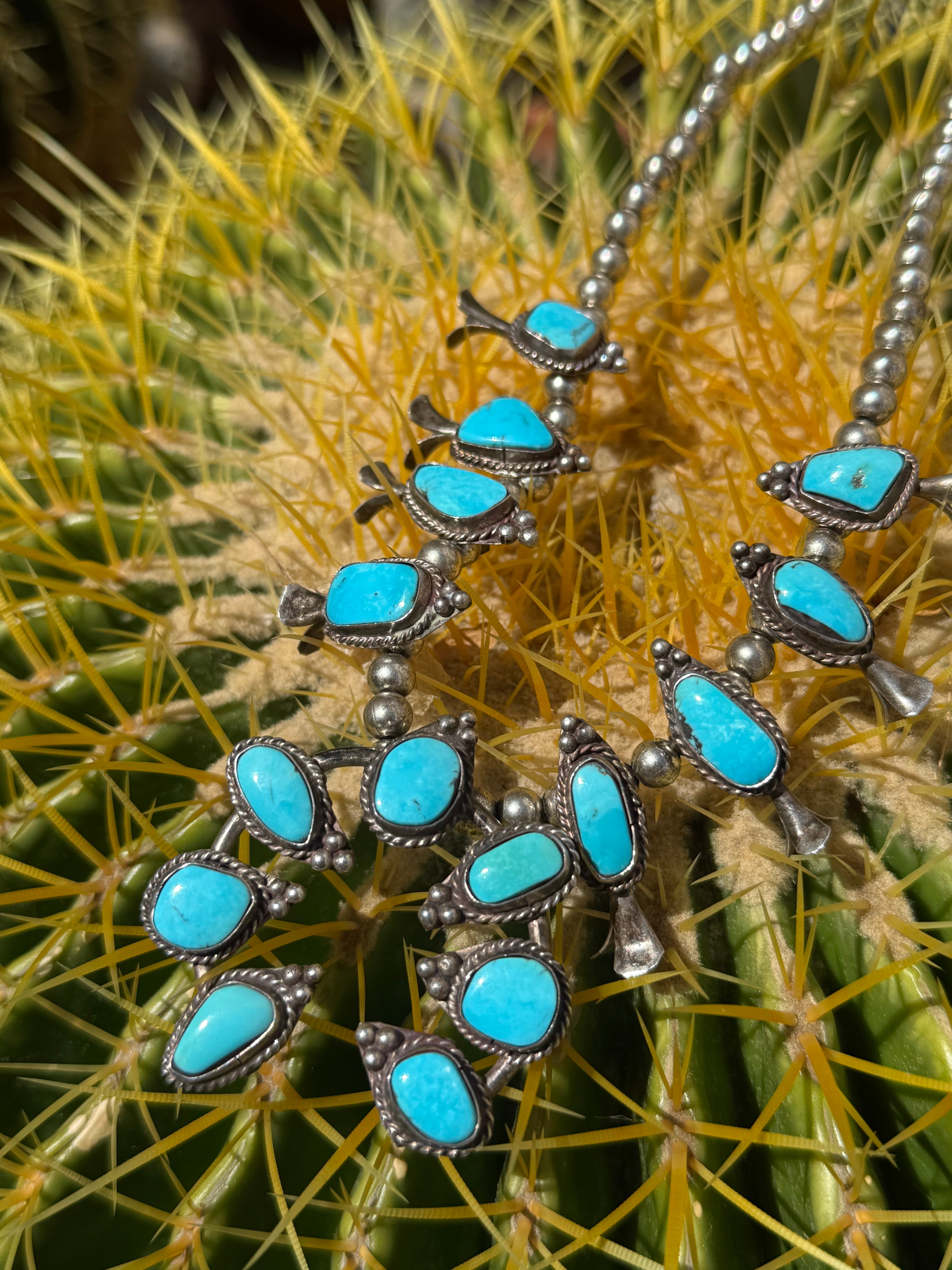 Vintage Navajo Turquoise Squash Blossom Necklace