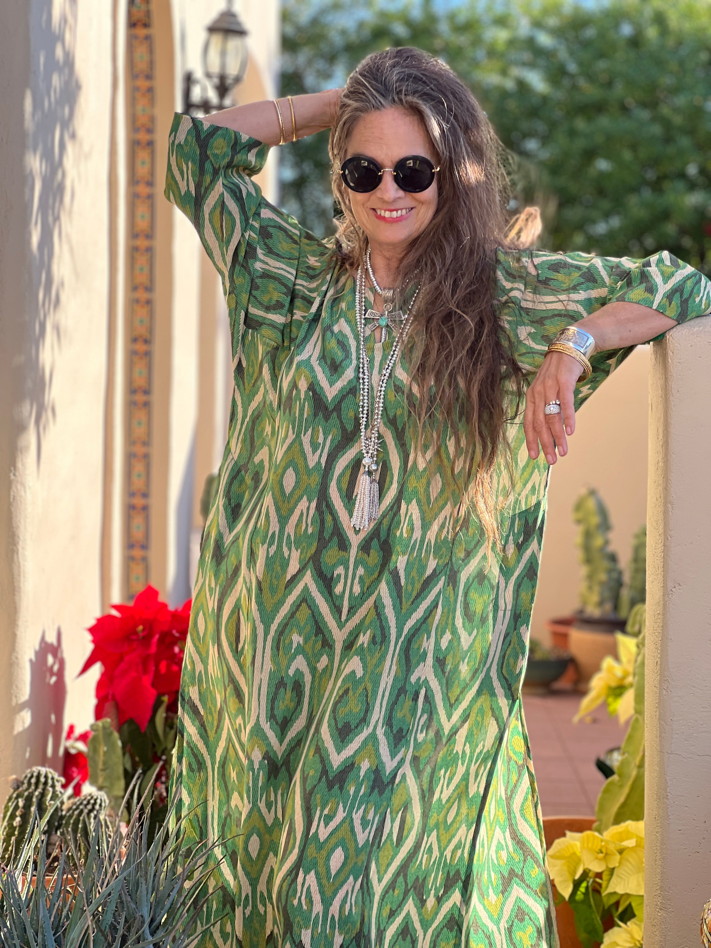 Gallipoli Green Ikat Italian Silk Long Tunic Dress On Back Order 6-8 Weeks