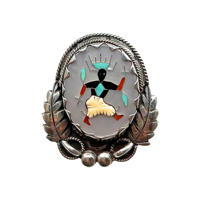 Vintage Zuni Sterling Turquoise, Coral, Onyx, MOP Warrior Pin Pendant Necklace