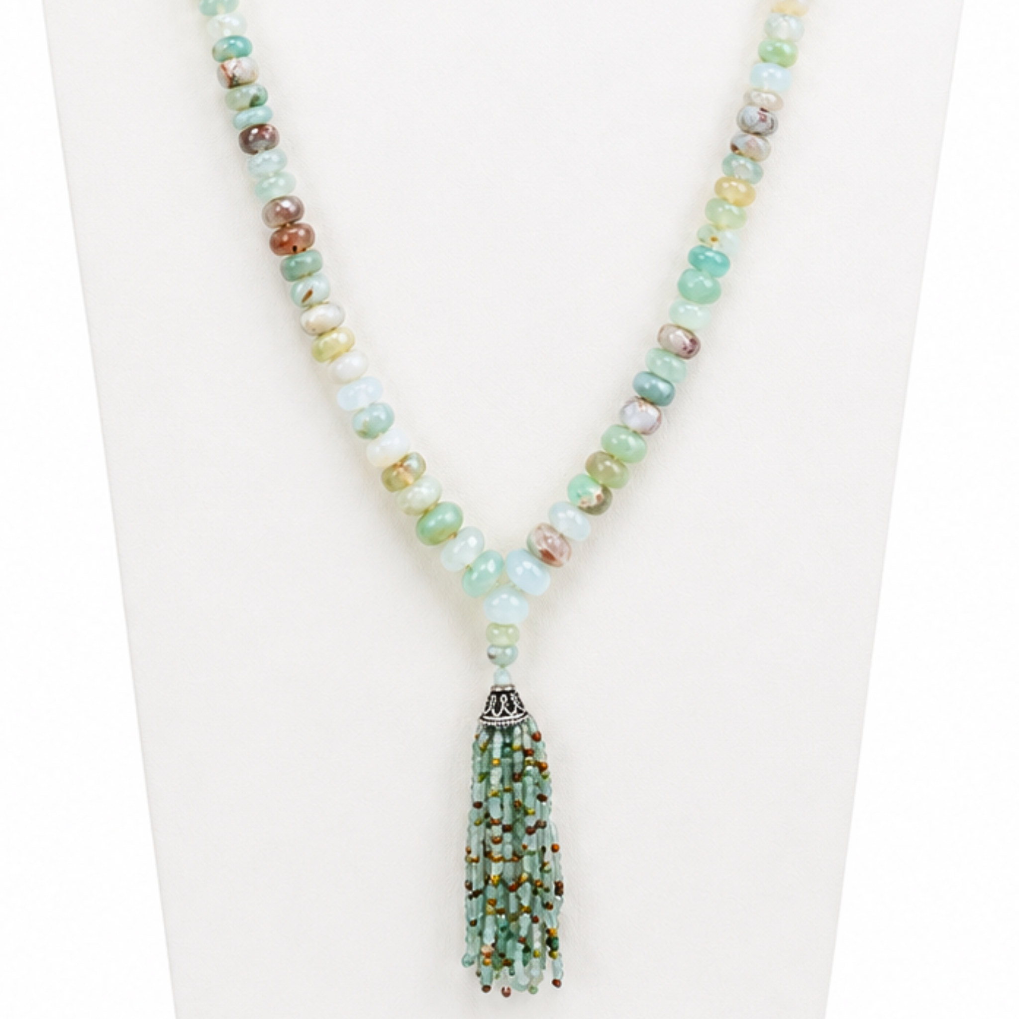 Aqua Chalcedony Faceted Tassel Mala Necklace