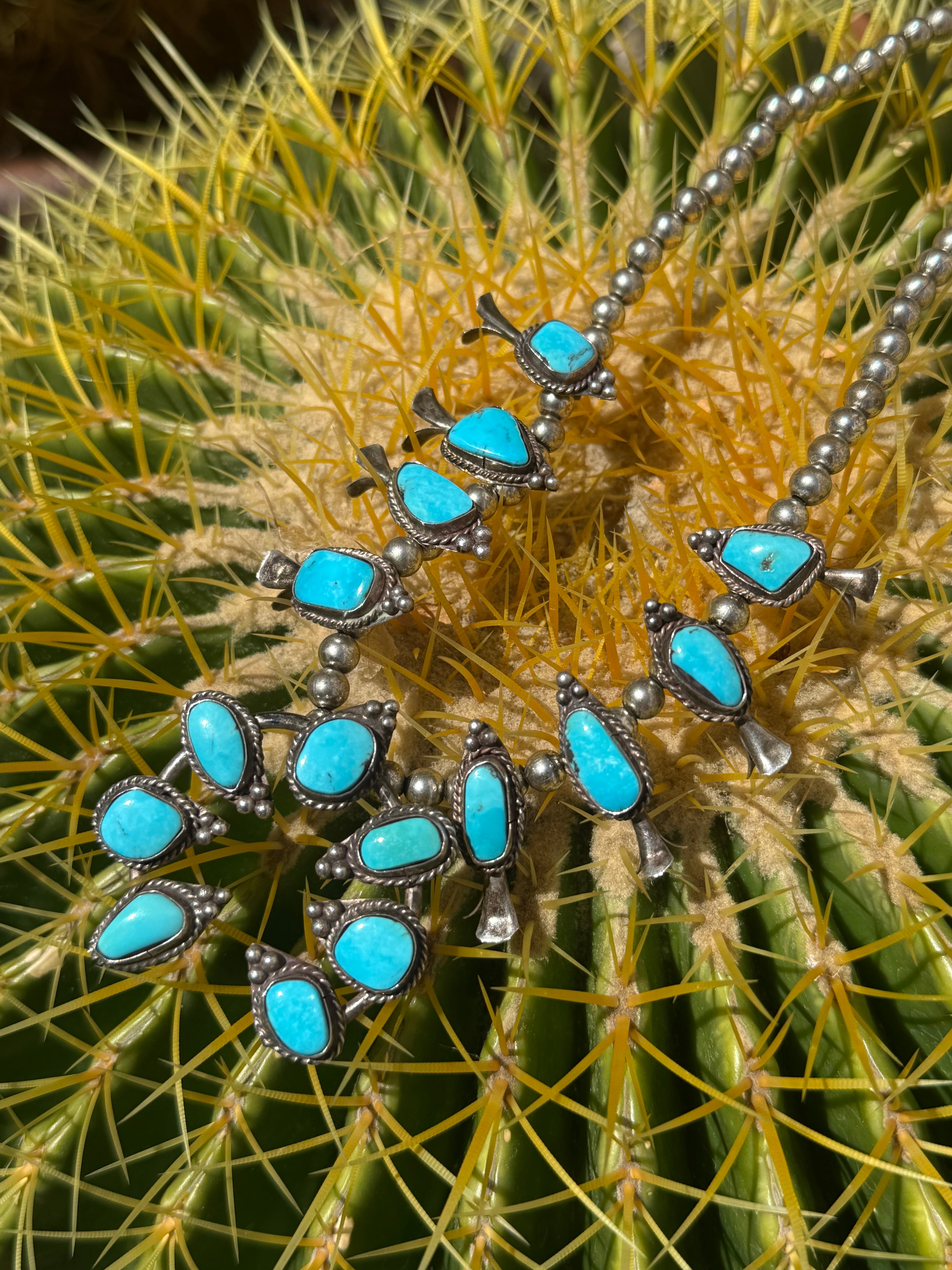Vintage Navajo Turquoise Squash Blossom Necklace