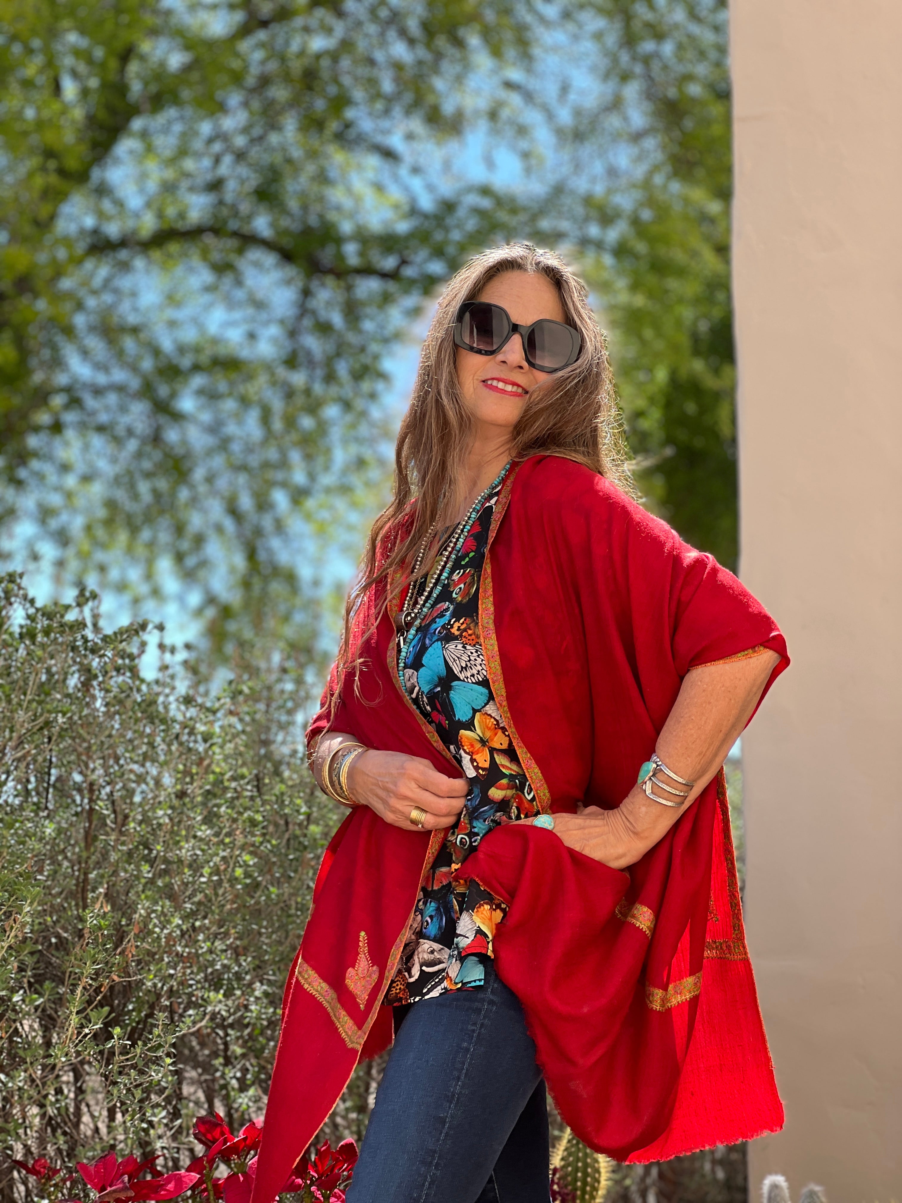 Tomato Red Hand Embroidered Pashmina Shawl One of a Kind