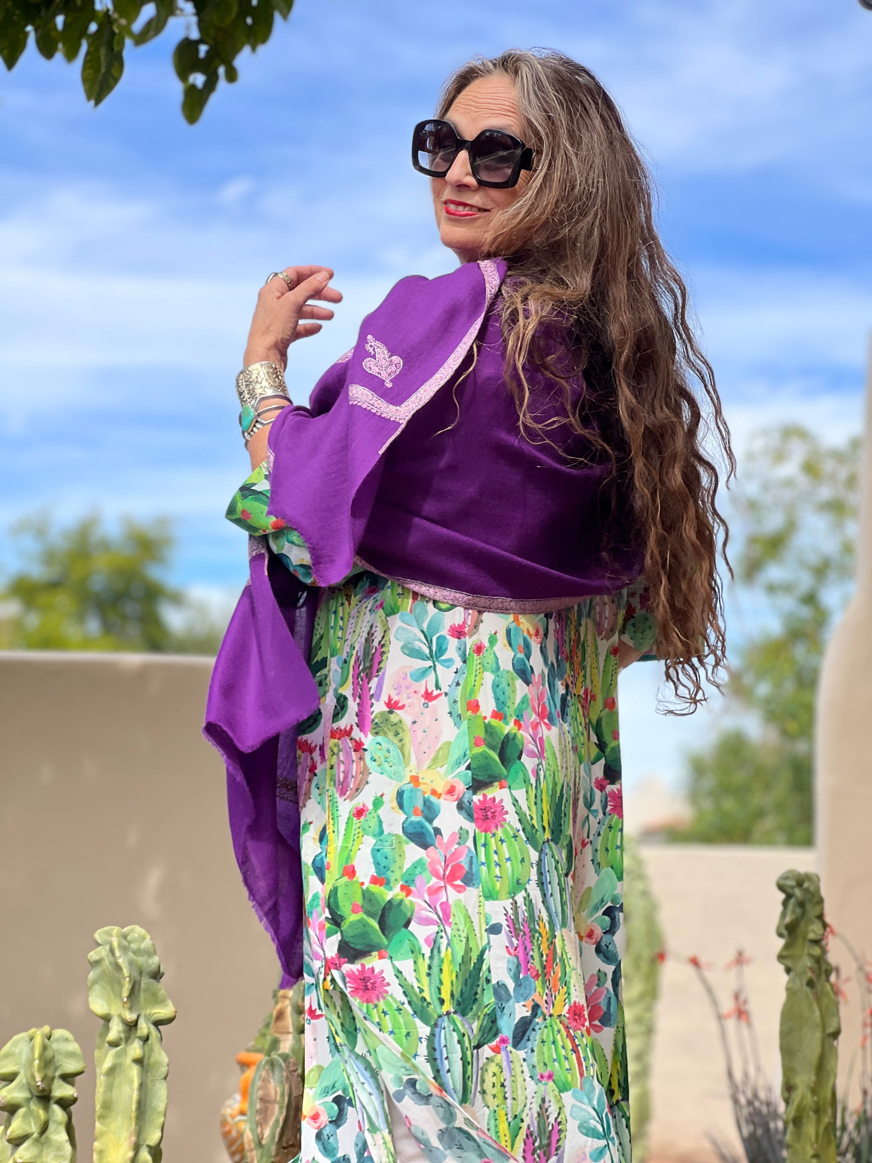 Purple Hand Embroidered Pashmina Shawl One of a Kind