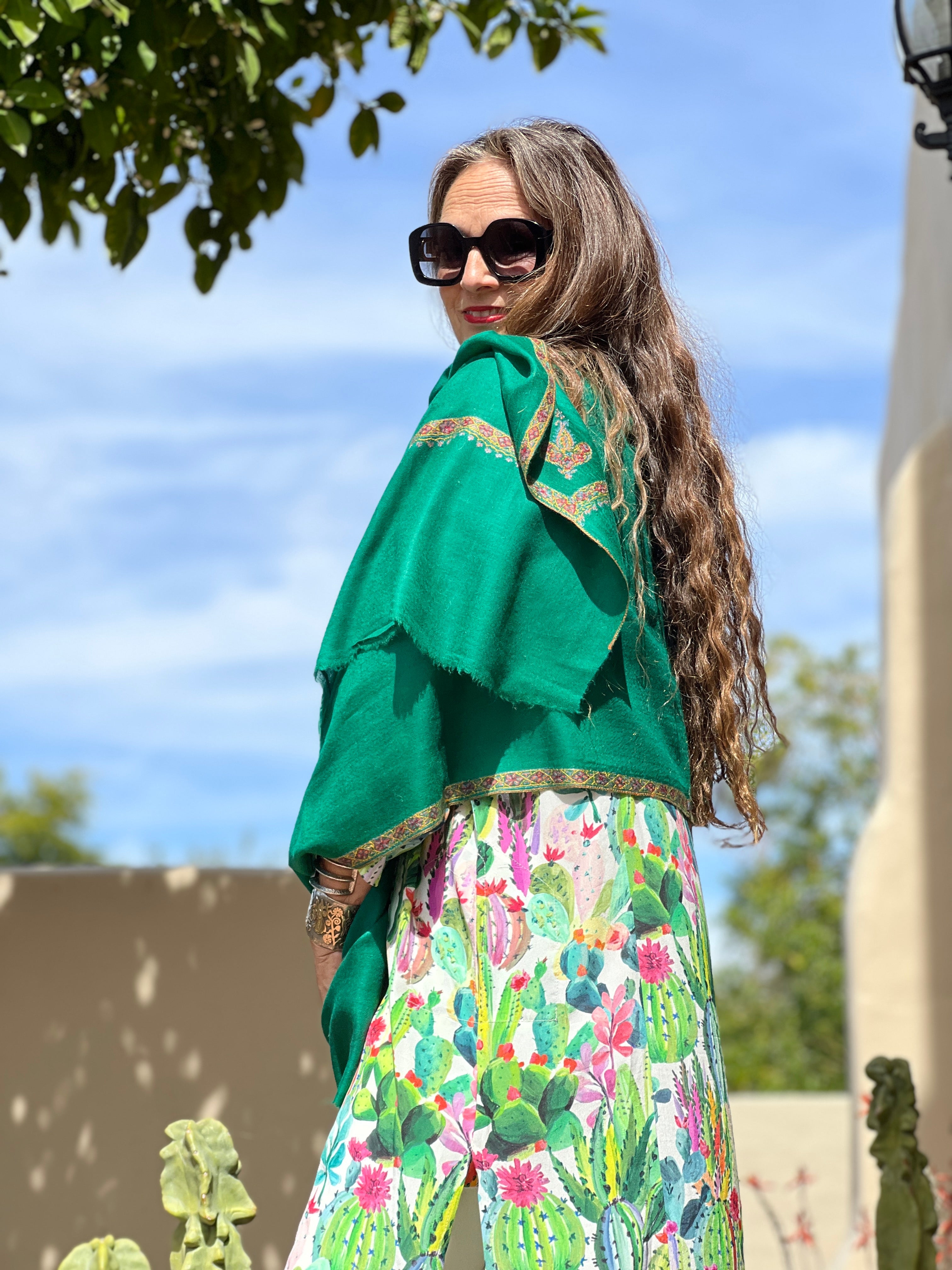 Sea Green Hand Embroidered Pashmina Shawl One of a Kind