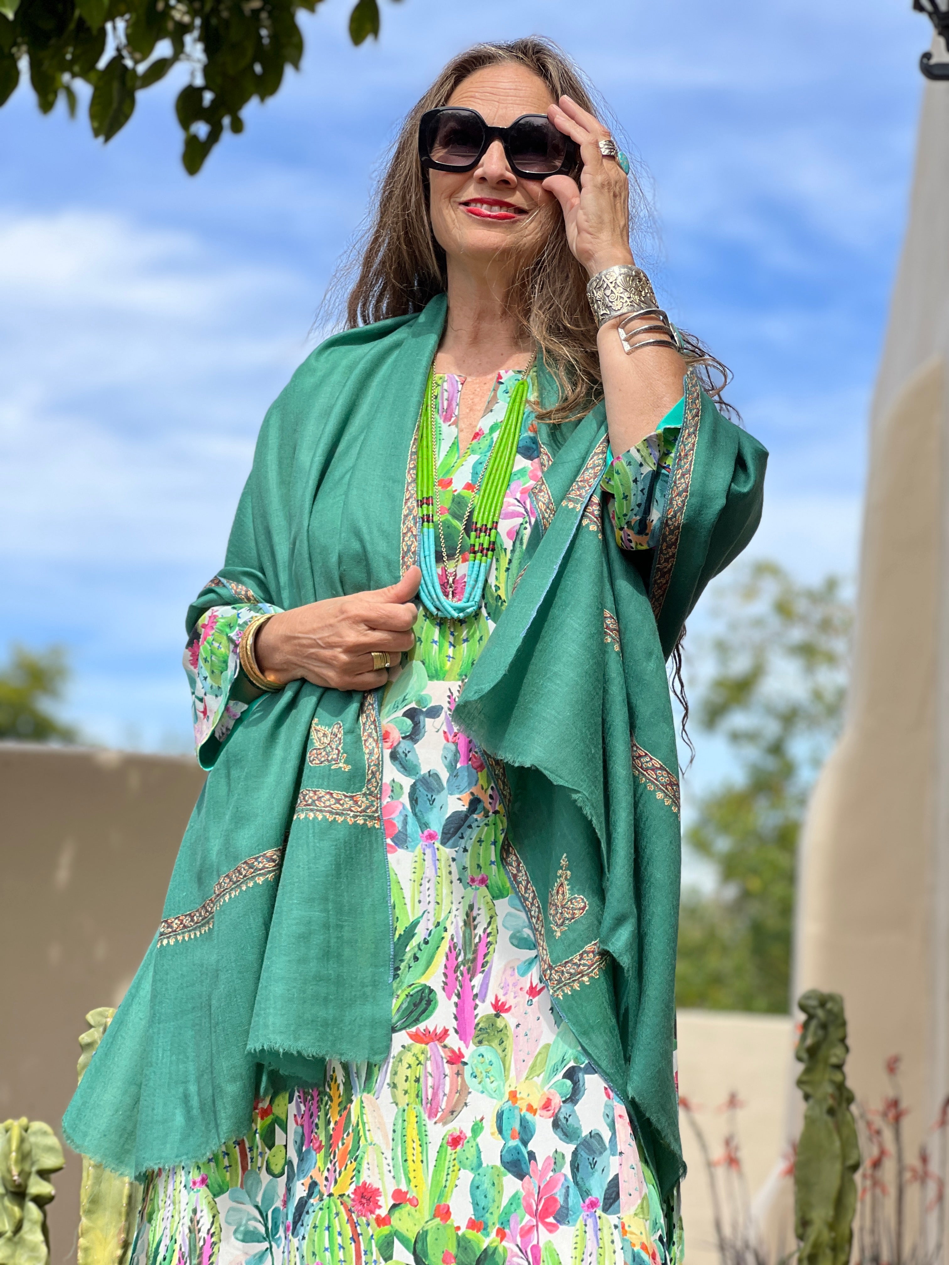 Capri Green Hand Embroidered Pashmina Shawl One of a Kind