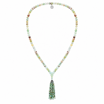 Aqua Chalcedony Faceted Tassel Mala Necklace