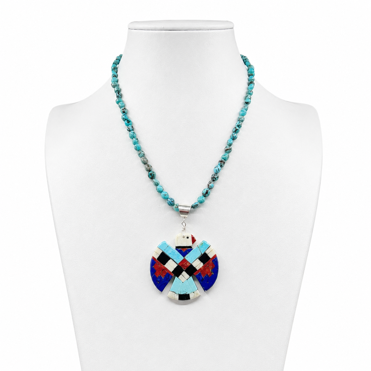 Bisbee Turquoise Necklace with Mosaic Inlay Thunderbird Santo Domingo