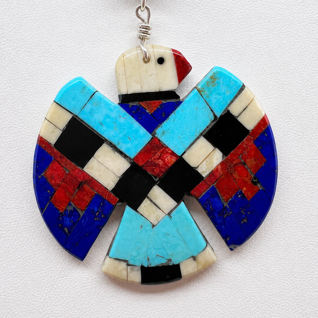 Mosaic Inlay Turquoise Thunderbird Pendant Necklace