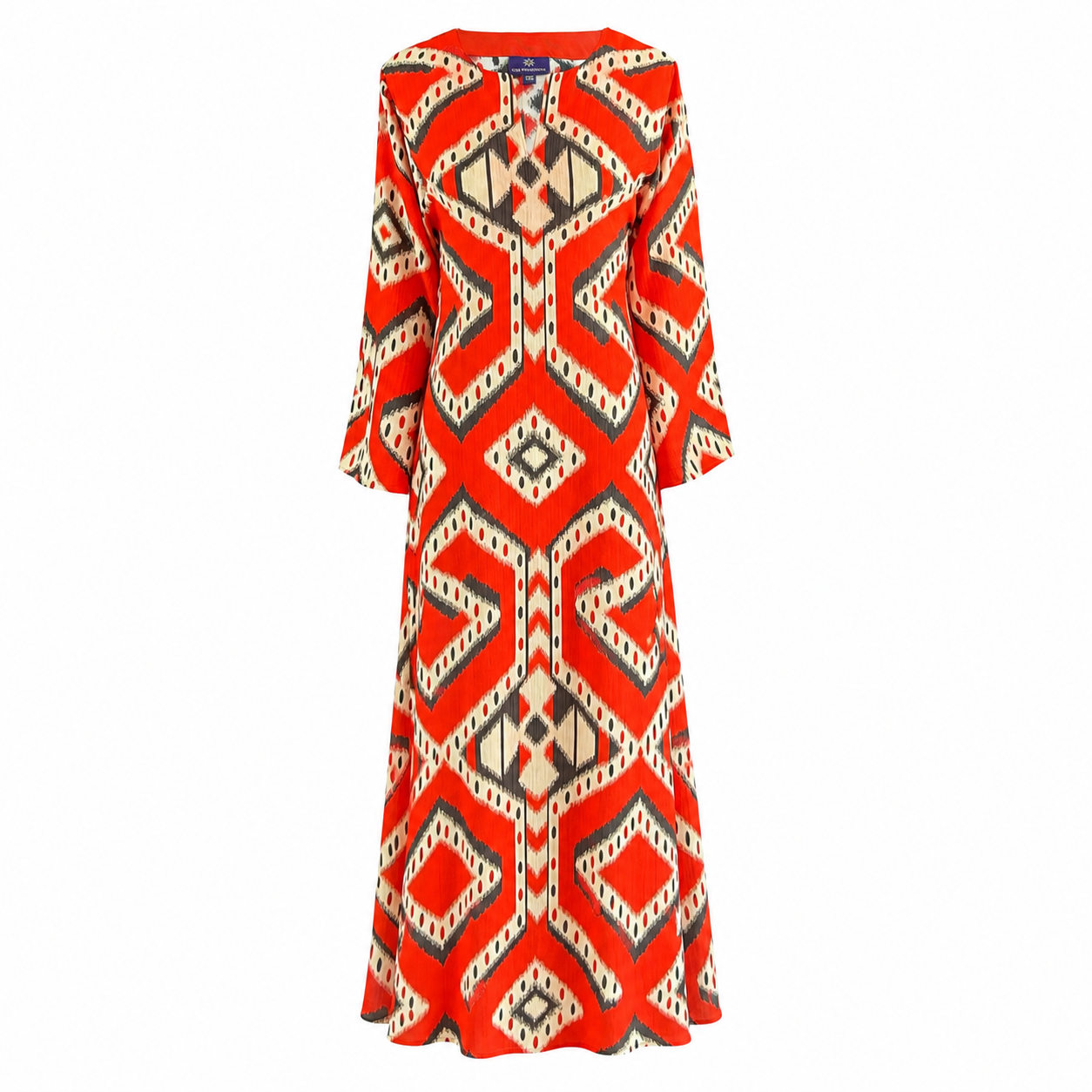 Bukhara Coral Ikat Long Tunic Dress Italian Silk