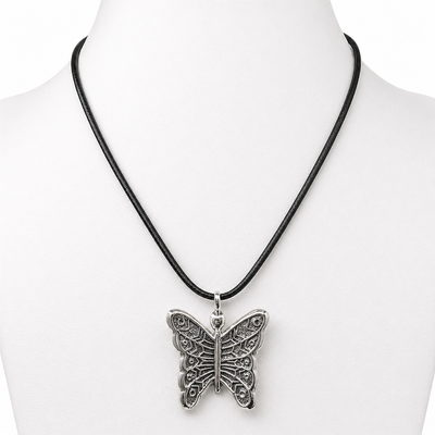Navajo Silver Butterfly Pendant Necklace Tufa Cast