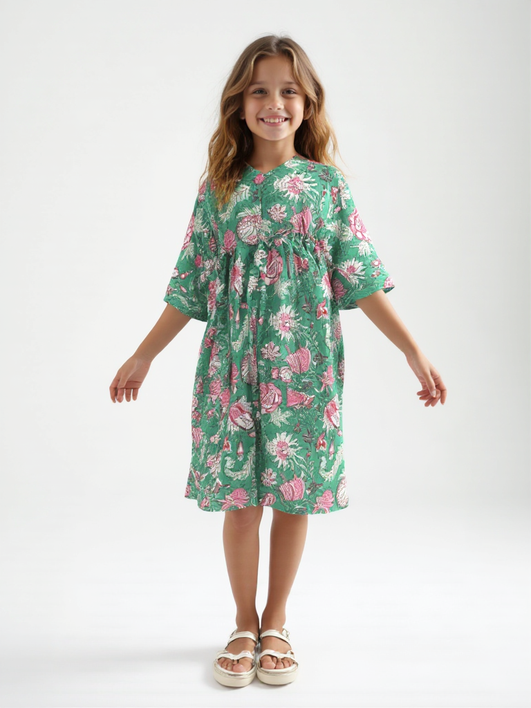Capri Green Floral Kids Cotton Kaftan