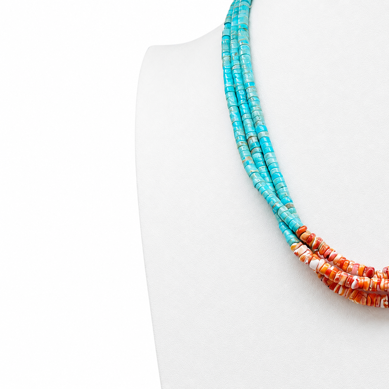 Turquoise, Orange Spiny Oyster, and Heishi Santo Domingo Necklace