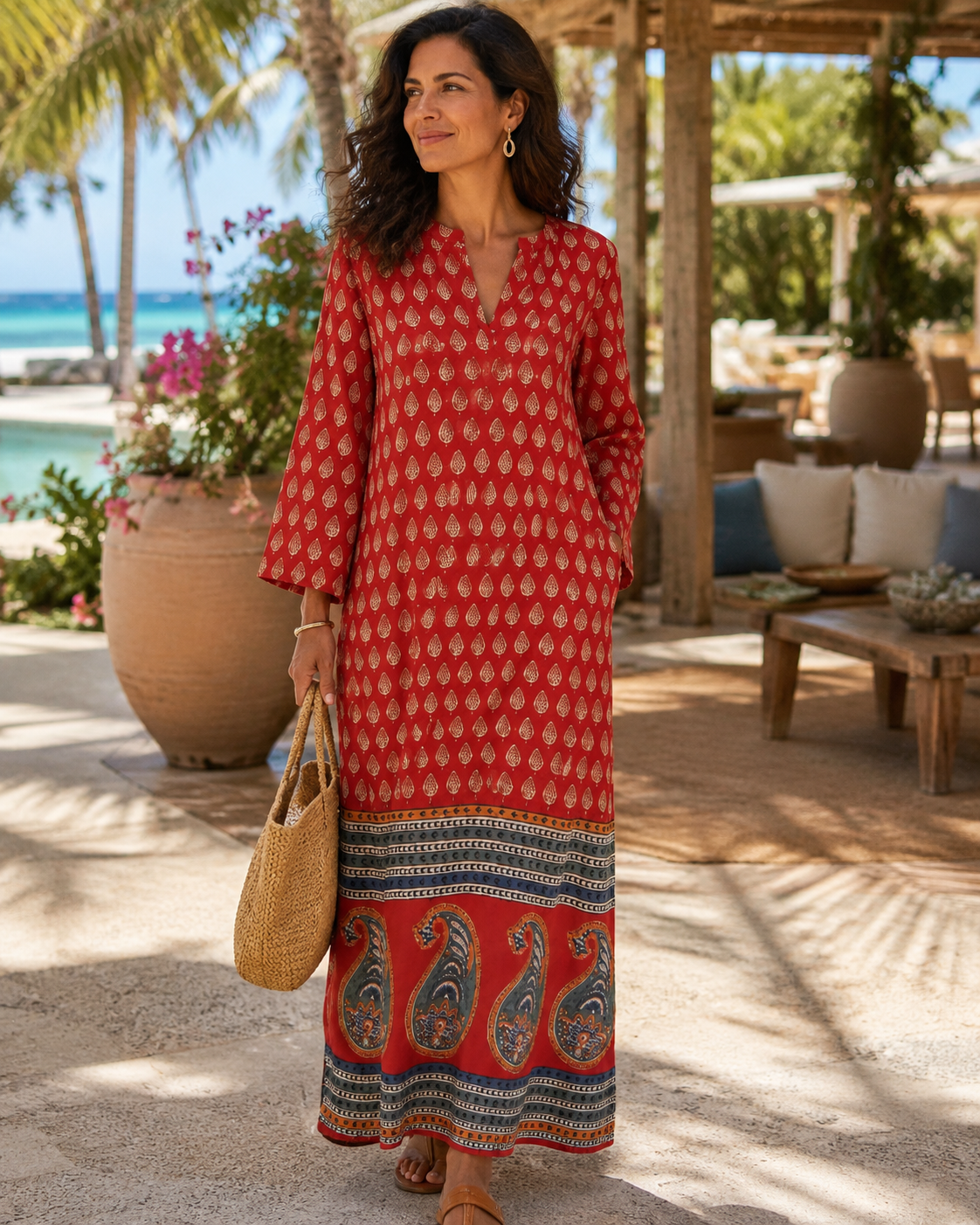 Red Pompeii Paisley Long Cotton Tunic Dress