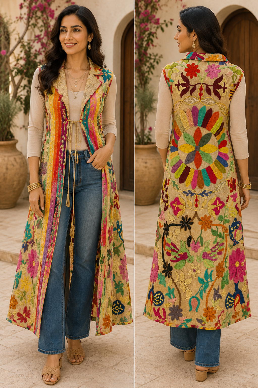 Anjuli Hand Embroidered Long Cotton Vest