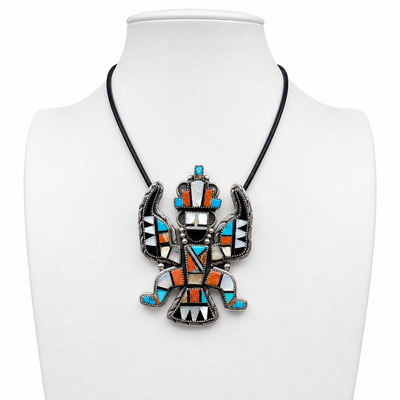 Vintage Zuni Silver, Turquoise, Coral Knife Wing Pin Pendant Necklace