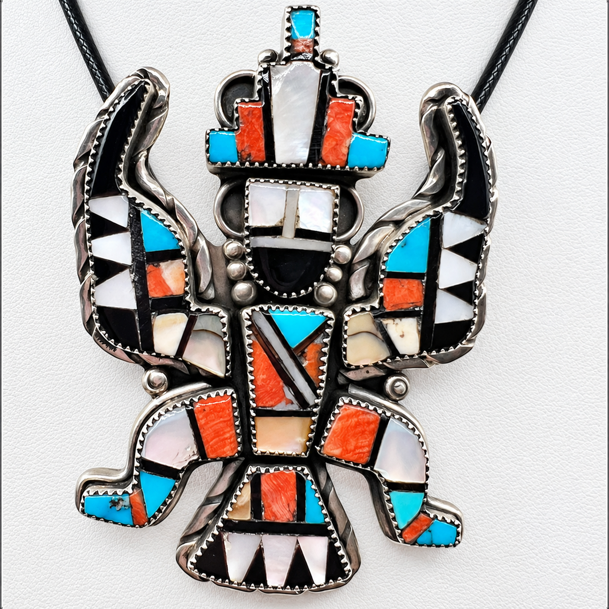 Vintage Zuni Silver, Turquoise, Coral Knife Wing Pin Pendant Necklace