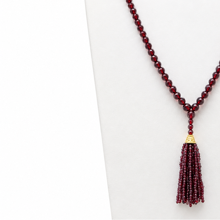 Pyrope Garnet Faceted Tassel Mala Necklace with 18kt Gold