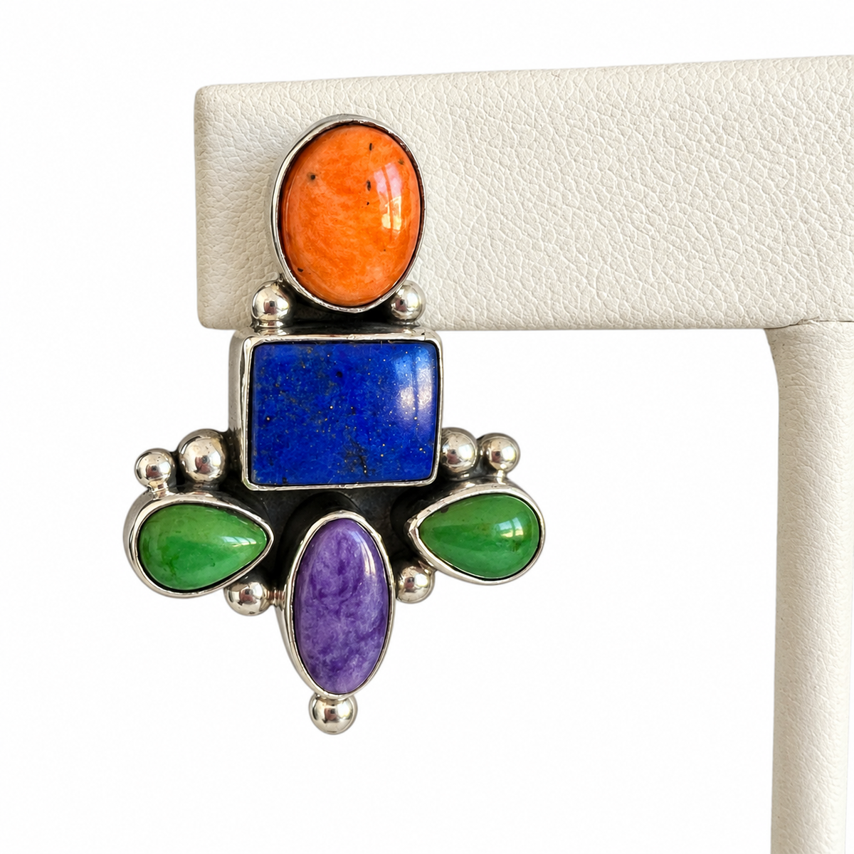 Royston Turquoise, Lapis, Orange Spiny Oyster and Silver Multi stone Earrings Navajo