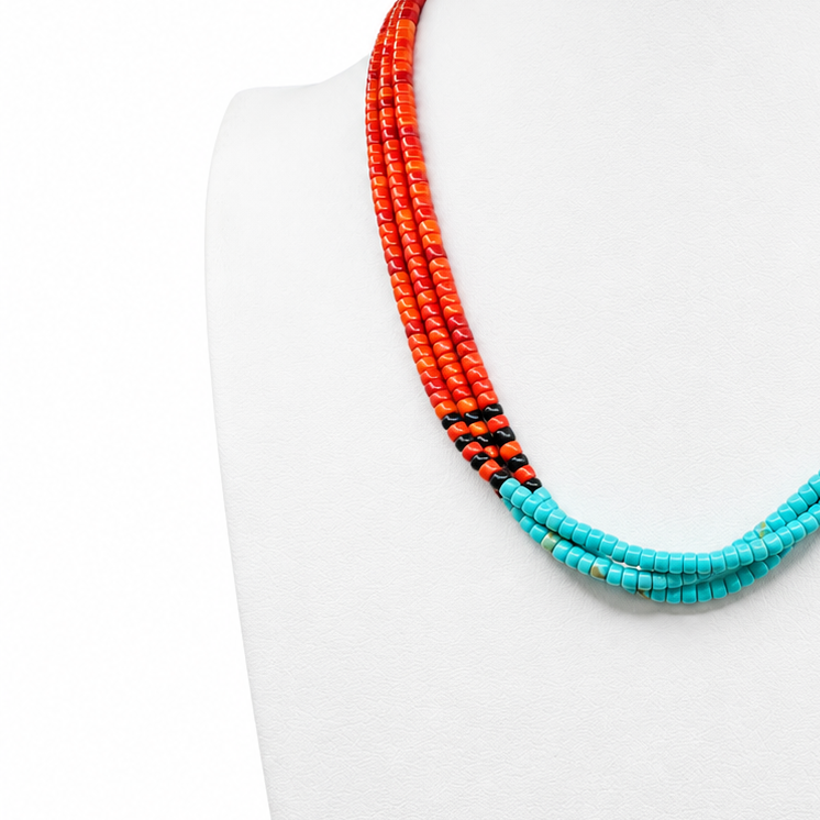 Apple Coral, Turquoise, and Black Jet Santo Domingo Necklace