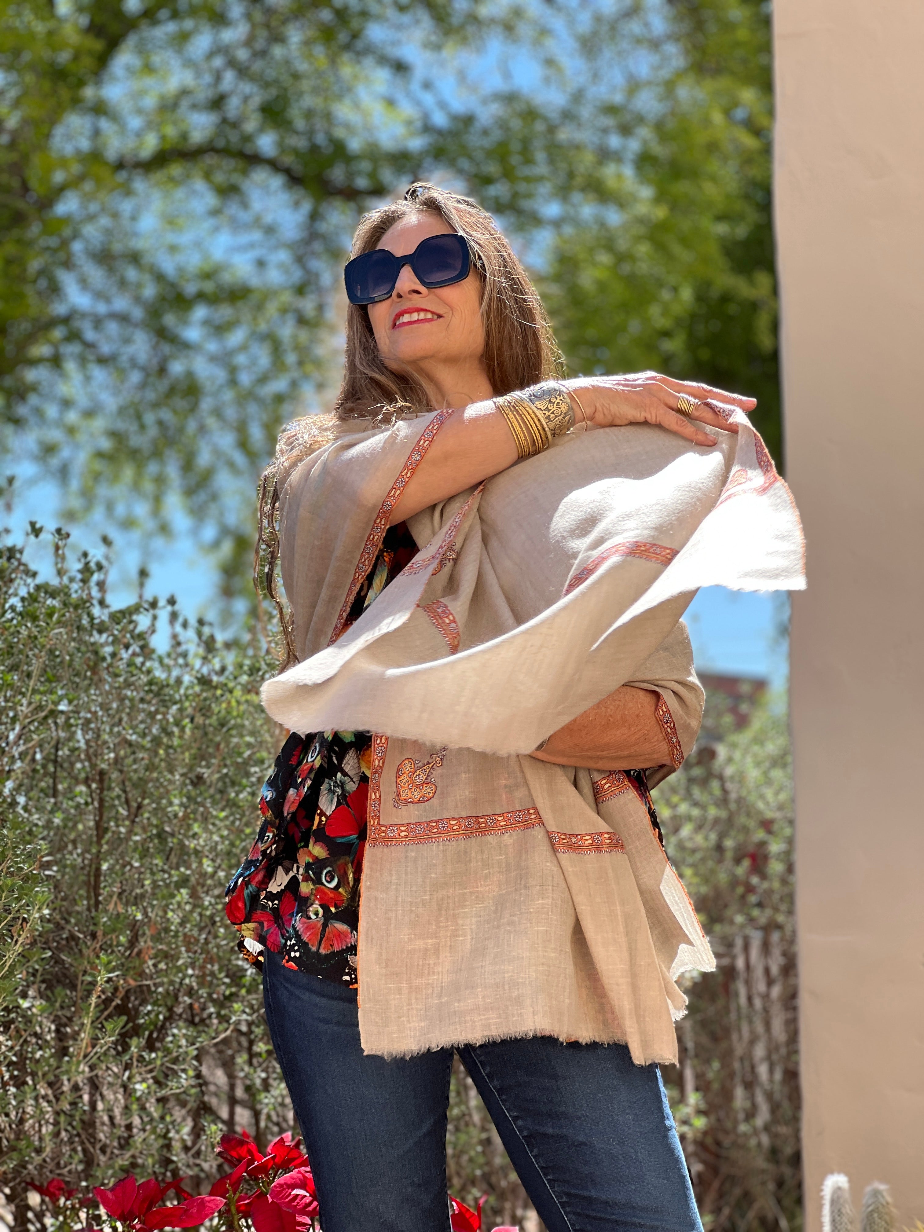 Natural Hand Embroidered Pashmina Shawl One of a Kind