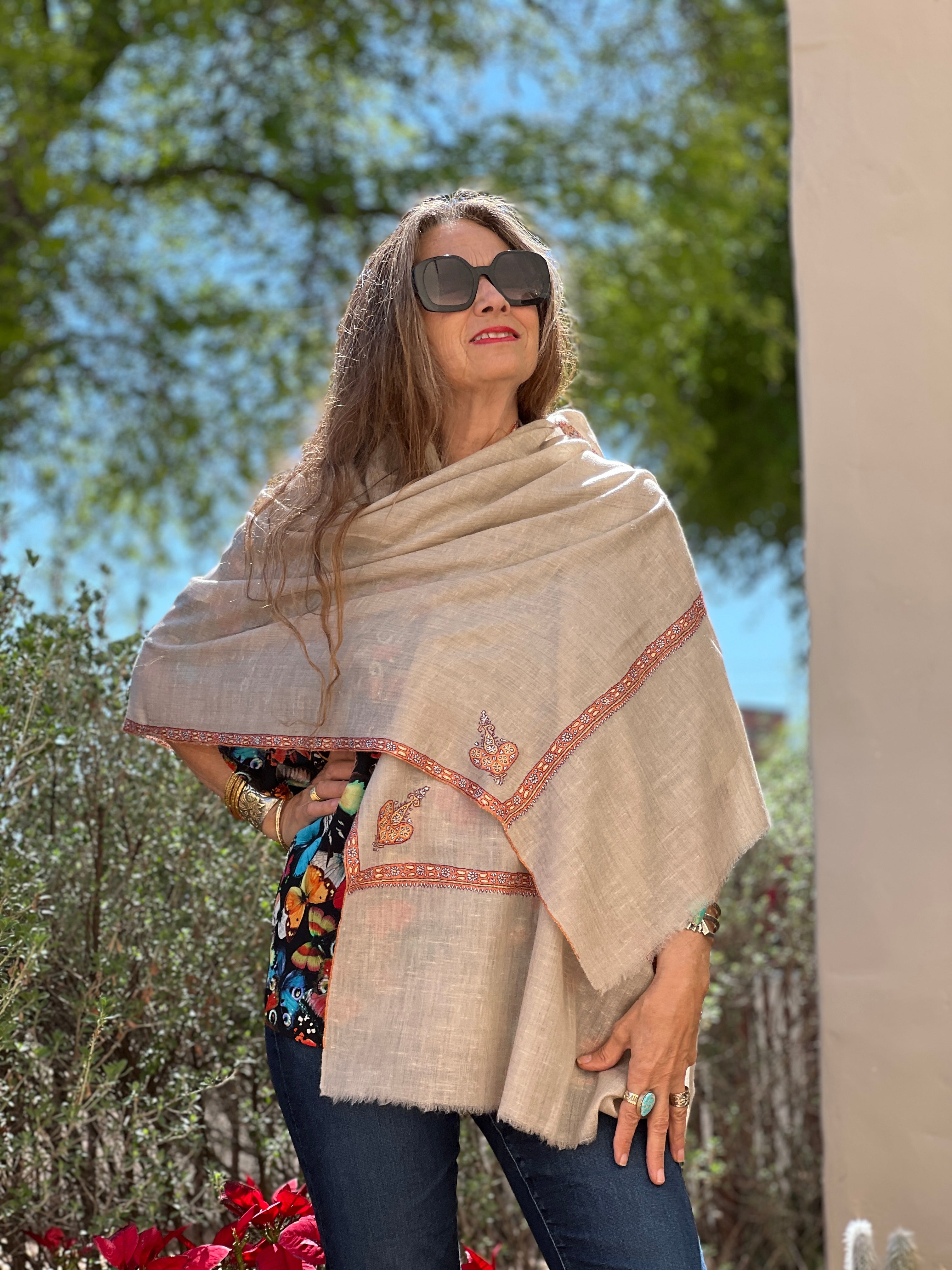 Natural Hand Embroidered Pashmina Shawl One of a Kind
