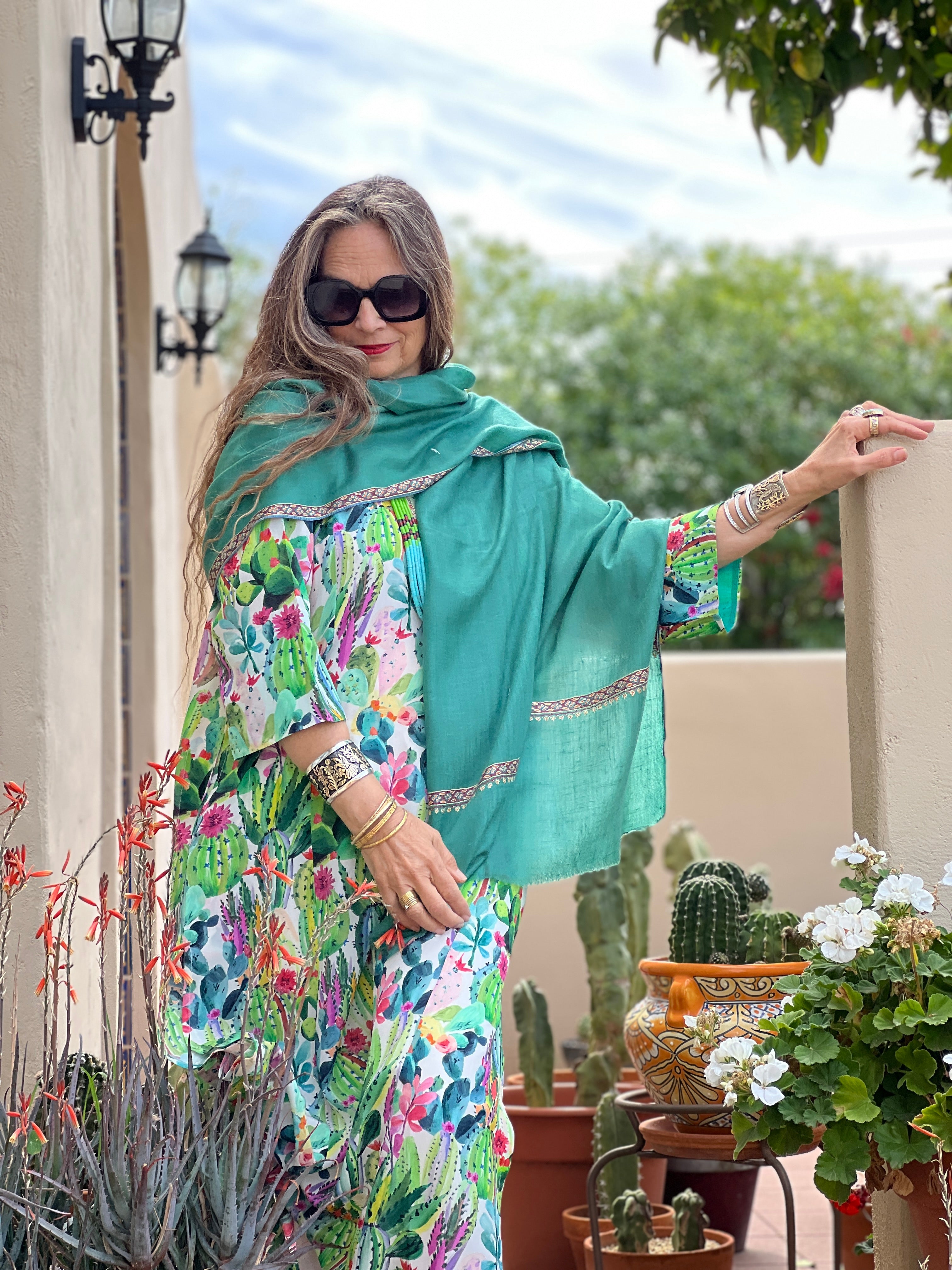 Capri Green Hand Embroidered Pashmina Shawl One of a Kind