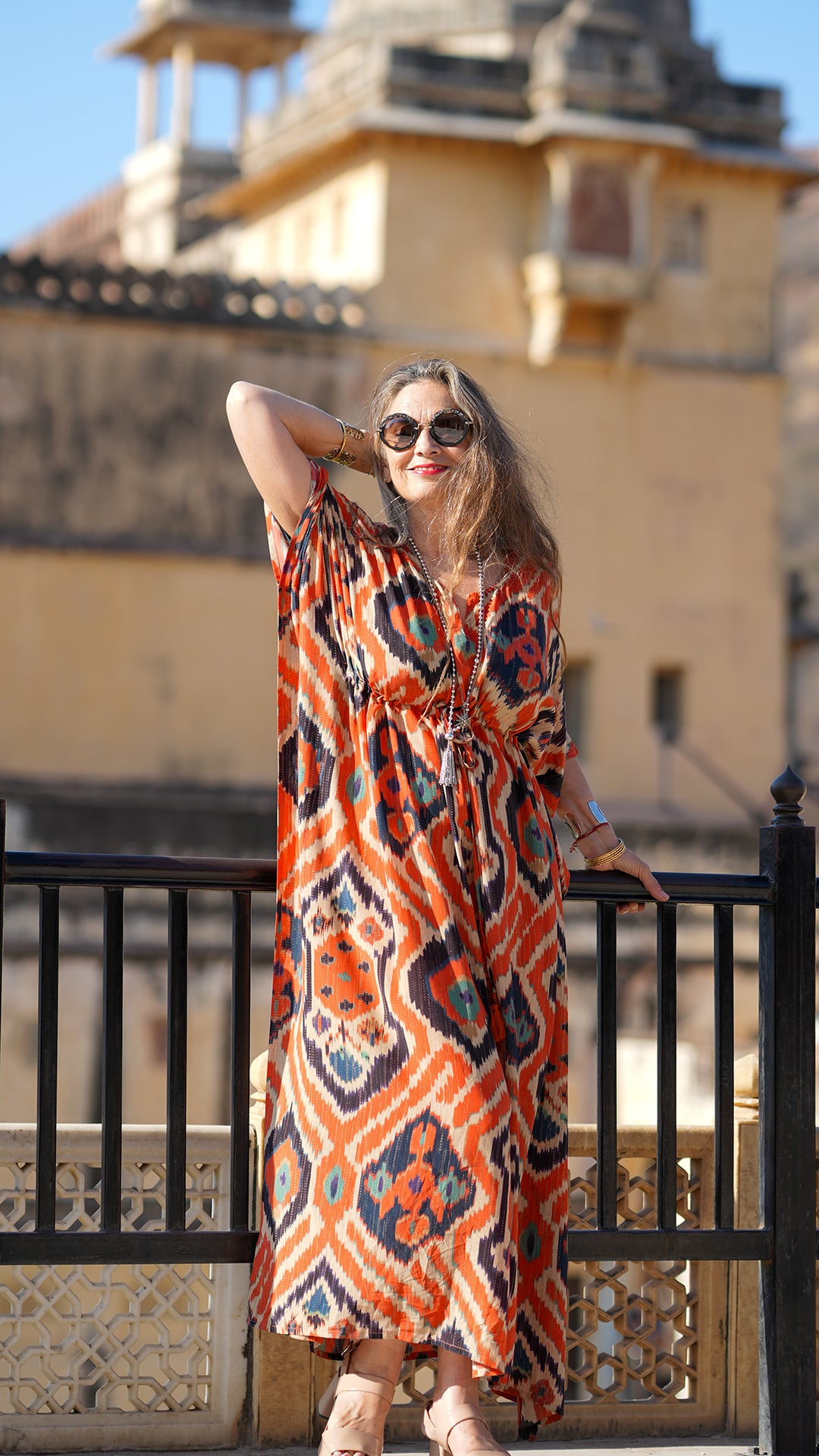 Angelo Tangelo Ikat Italian Silk Maxi Kaftan Dress