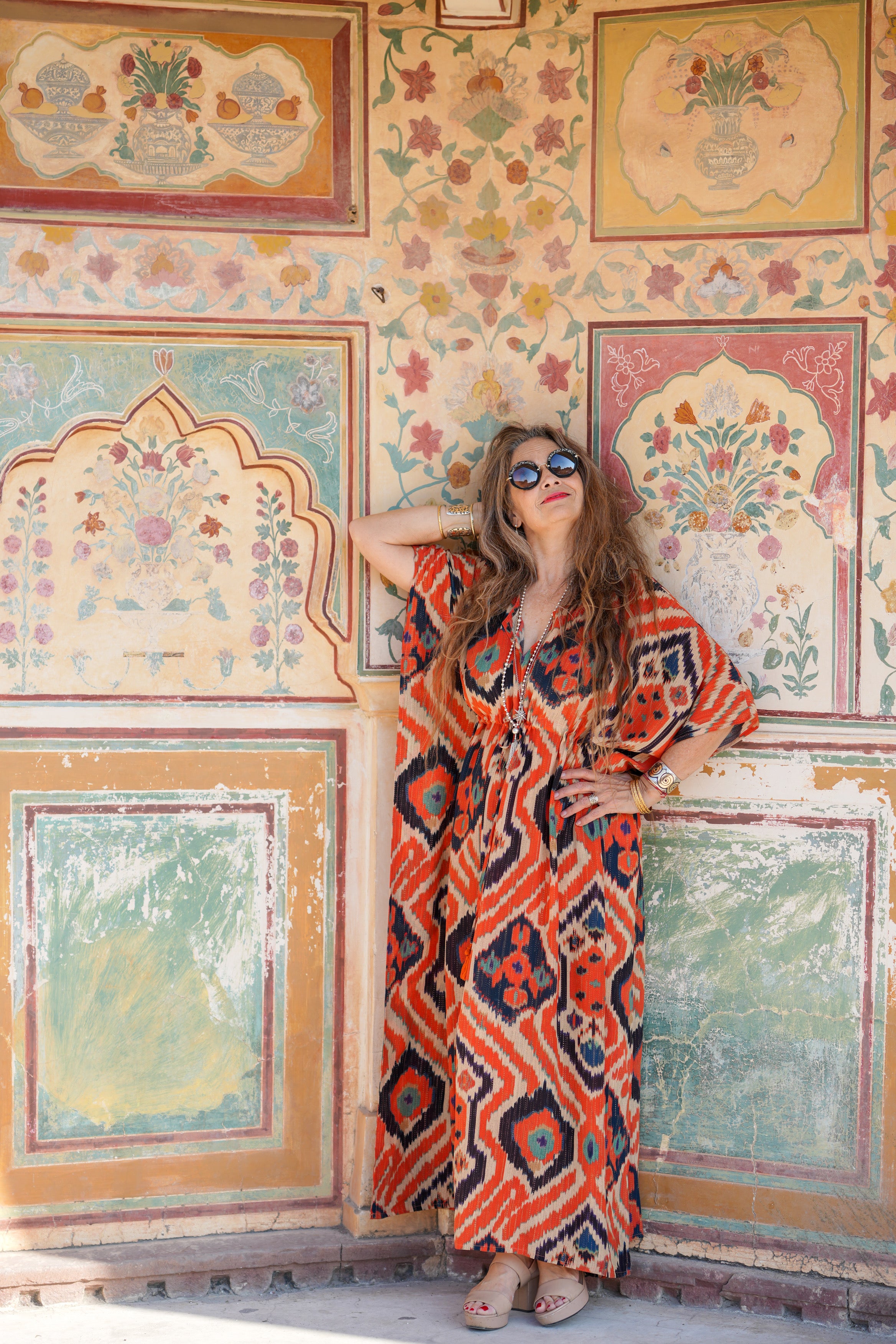 Angelo Tangelo Ikat Italian Silk Maxi Kaftan Dress