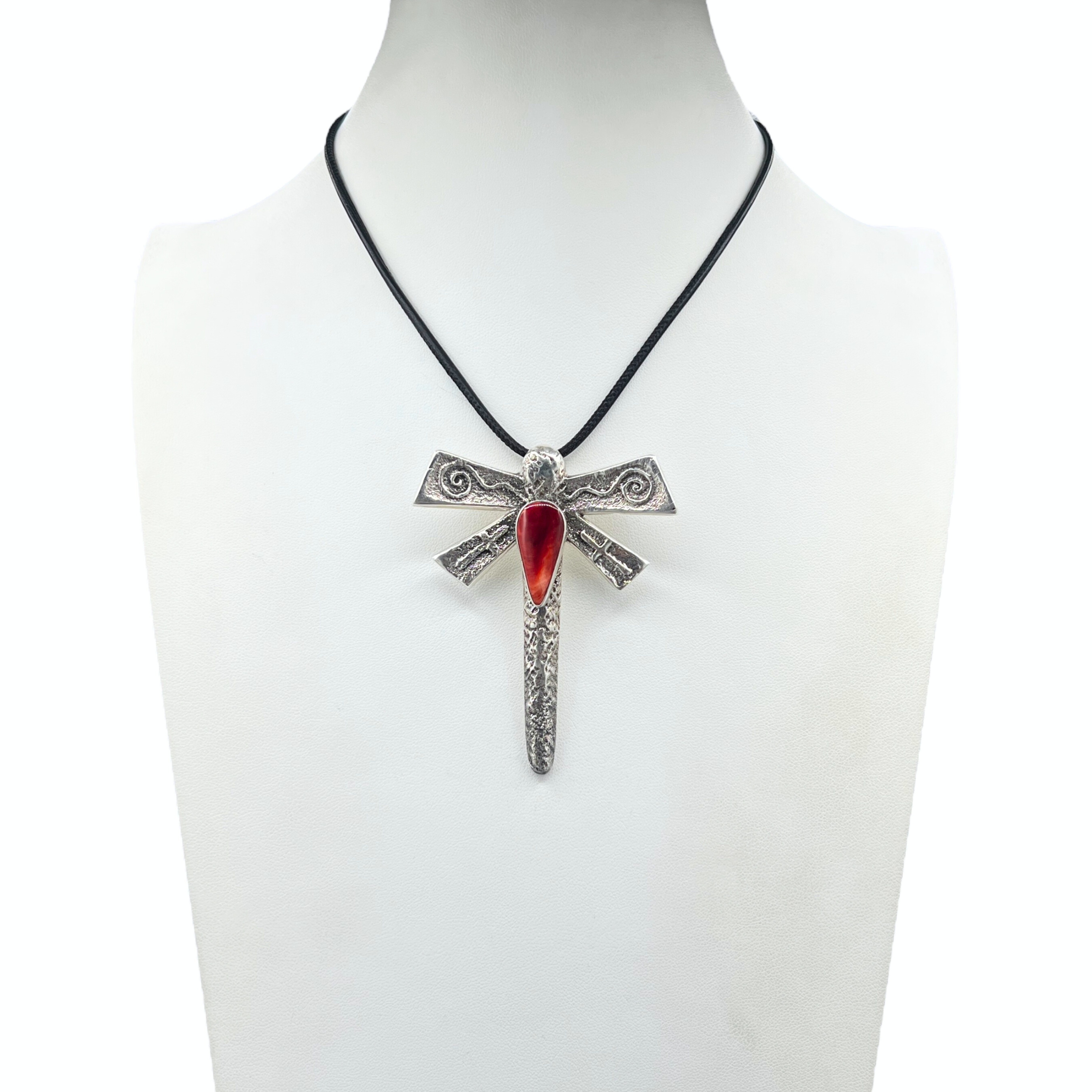 Navajo Sterling Silver and Red Spiny Oyster Dragonfly Necklace
