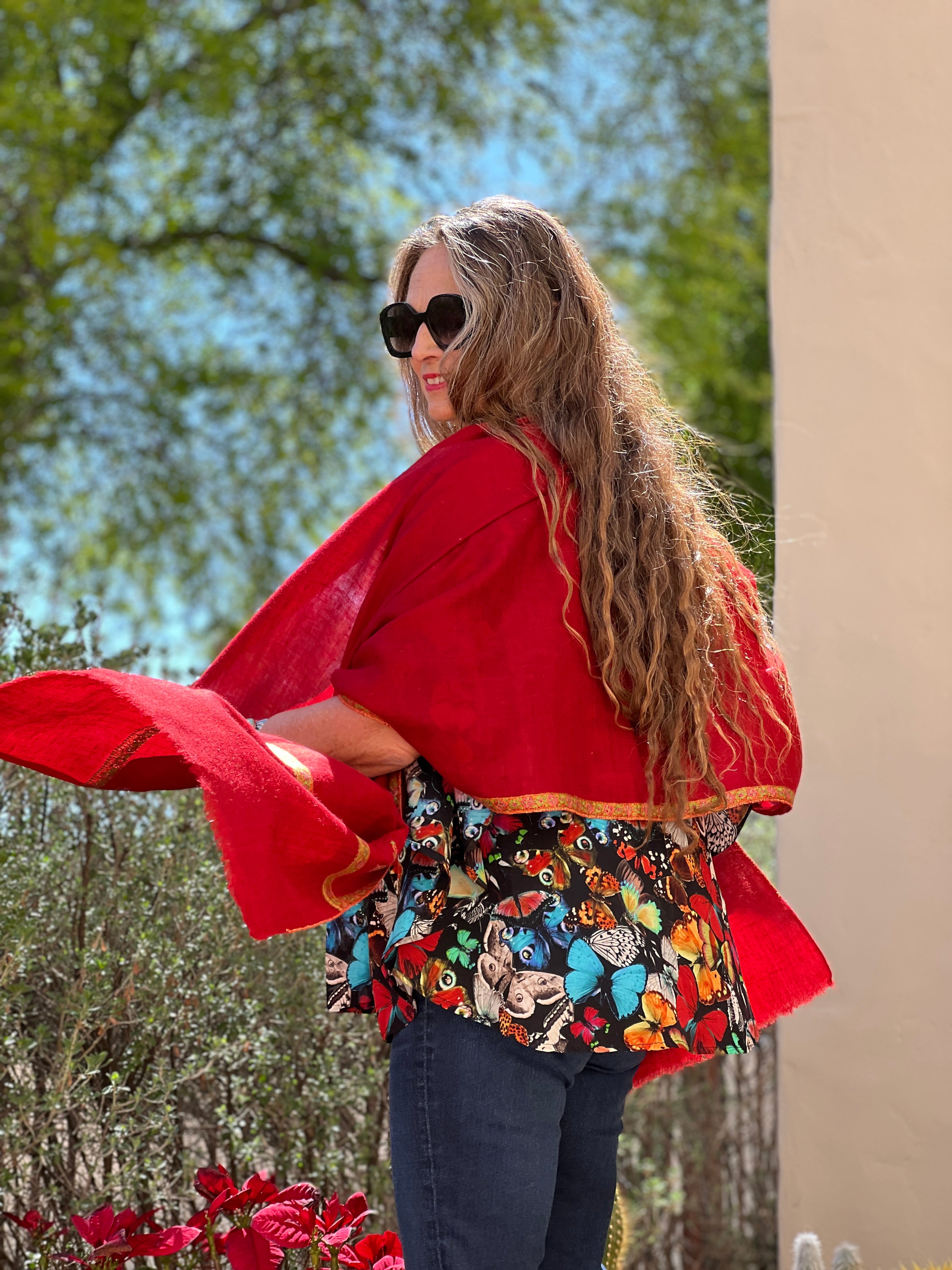 Tomato Red Hand Embroidered Pashmina Shawl One of a Kind